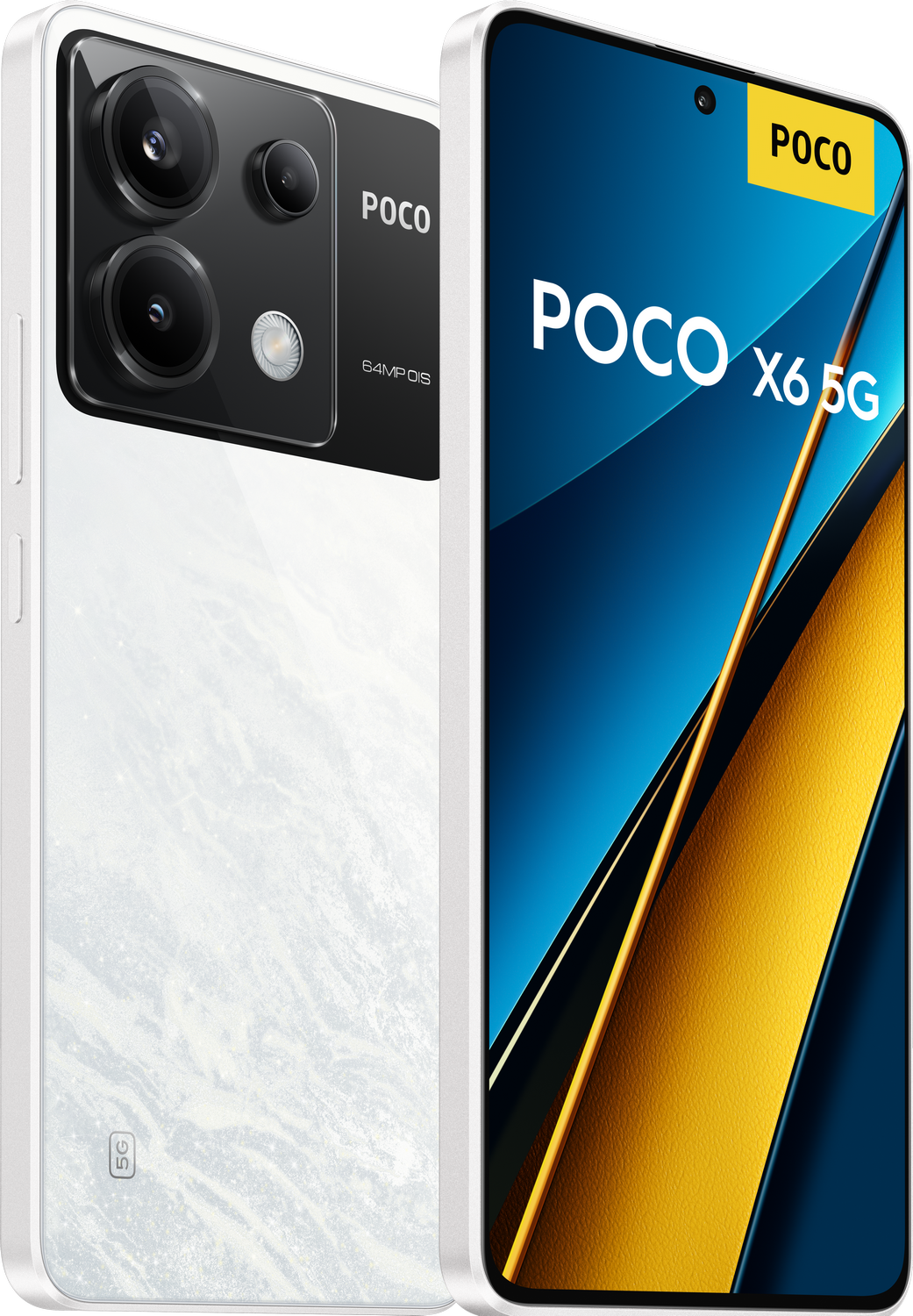 Teléfono POCO X6 5G, parte trasera blanca, matriz de cámara negra, frente degradado azul y dorado, logo POCO. Dos teléfonos.