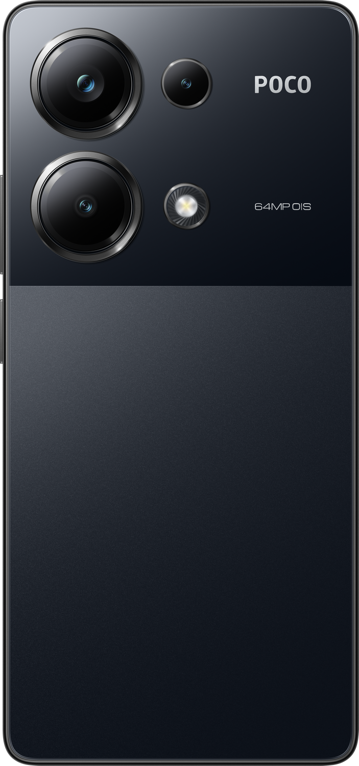 Parte trasera de smartphone negra con tres cámaras y marca POCO.