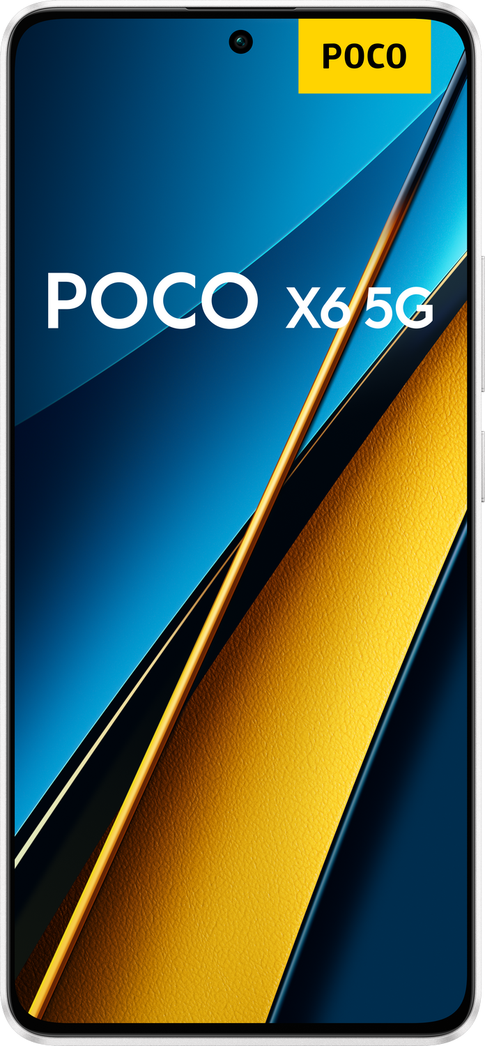 Un smartphone con parte superior amarilla, fondo negro y azul.