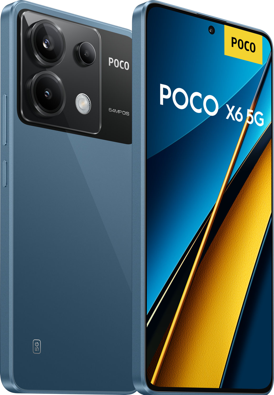 Teléfono Poco X6 5G azul. Tiene un sistema de cámara y una pantalla.