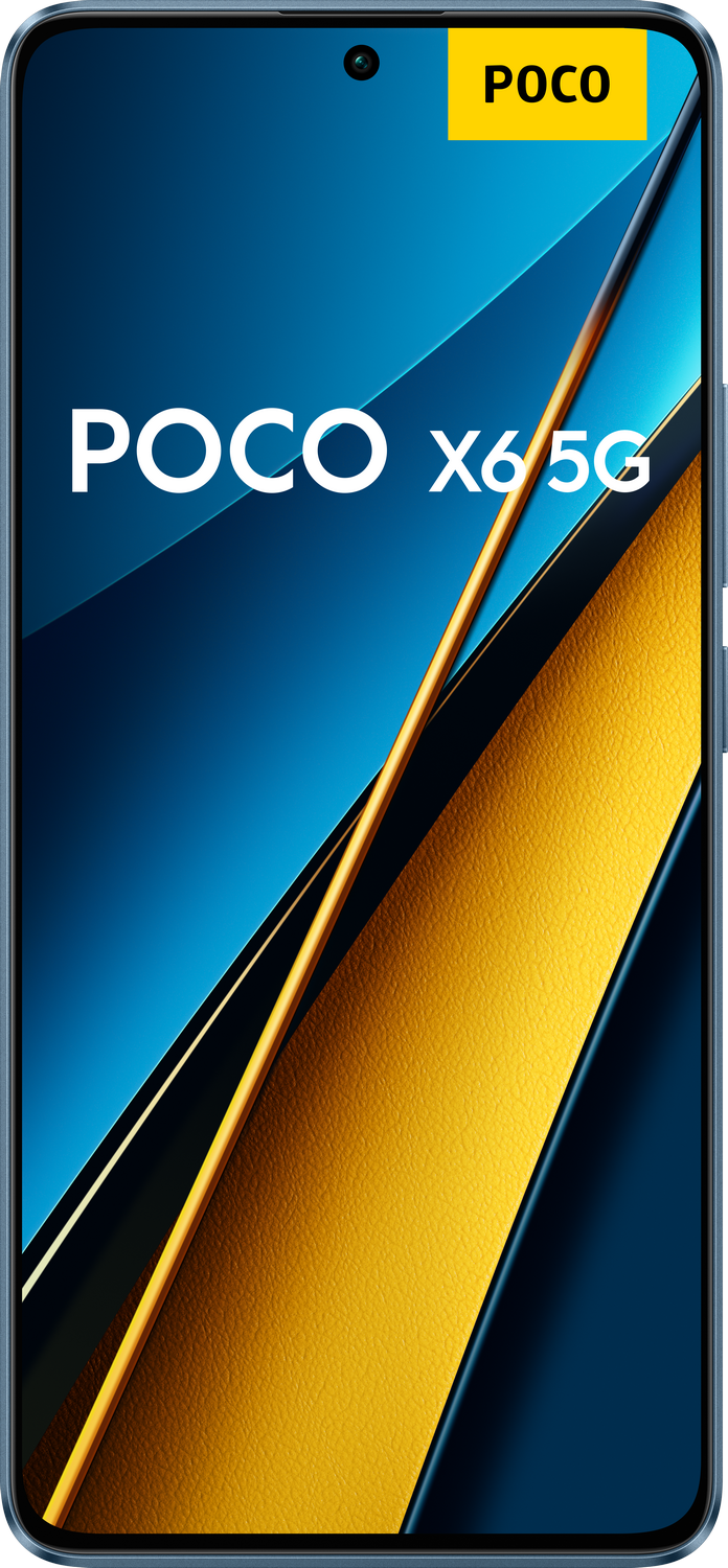 Un smartphone Poco X6 5G azul. Fondo dorado y azul, logotipo de Poco en la parte superior.