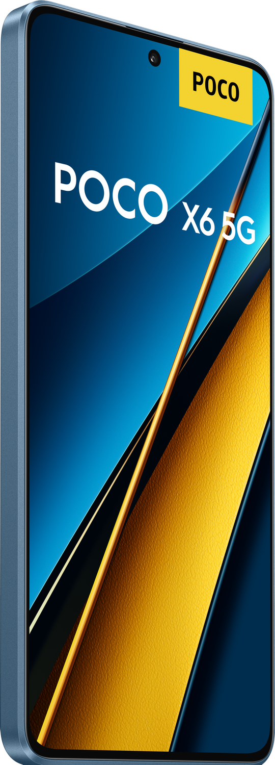Un teléfono inteligente POCO X6 5G azul mostrado en ángulo, con un fondo amarillo y azul.