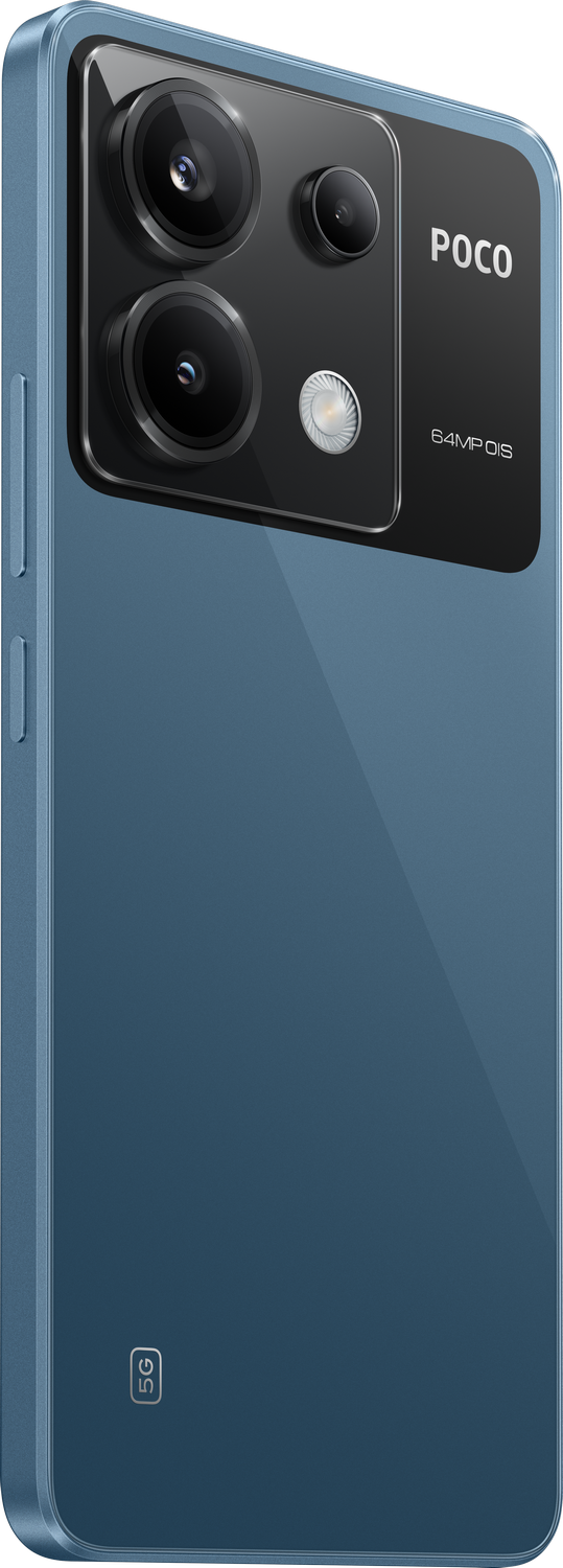 Teléfono azul oscuro con tres cámaras traseras. Visible la parte trasera del teléfono.