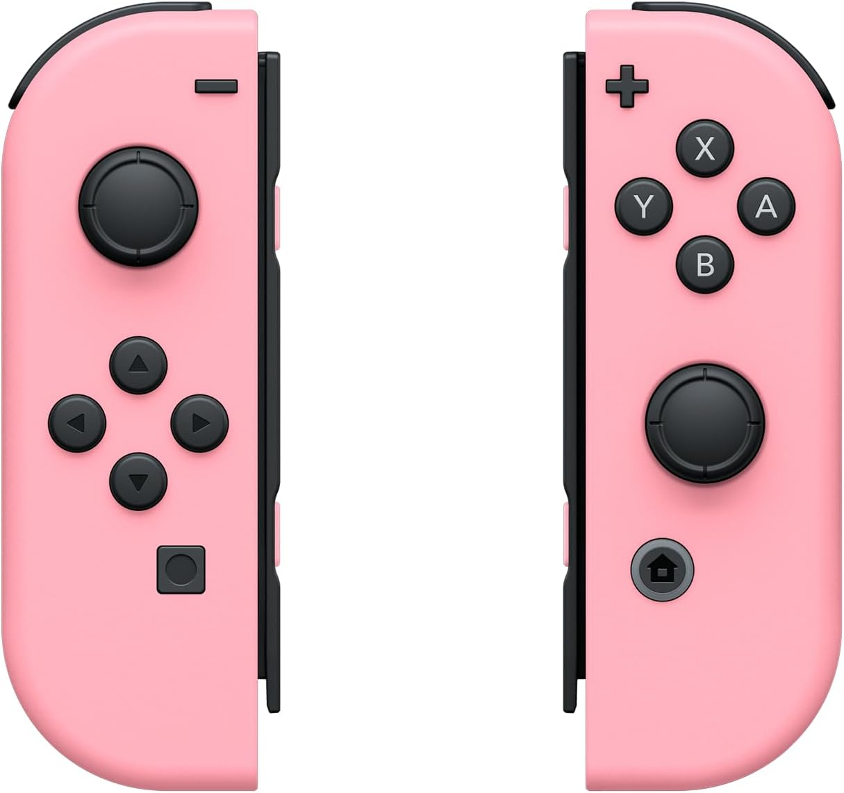 Dos mandos Joy-Con de Nintendo Switch rosas, mostrando botones y joysticks.
