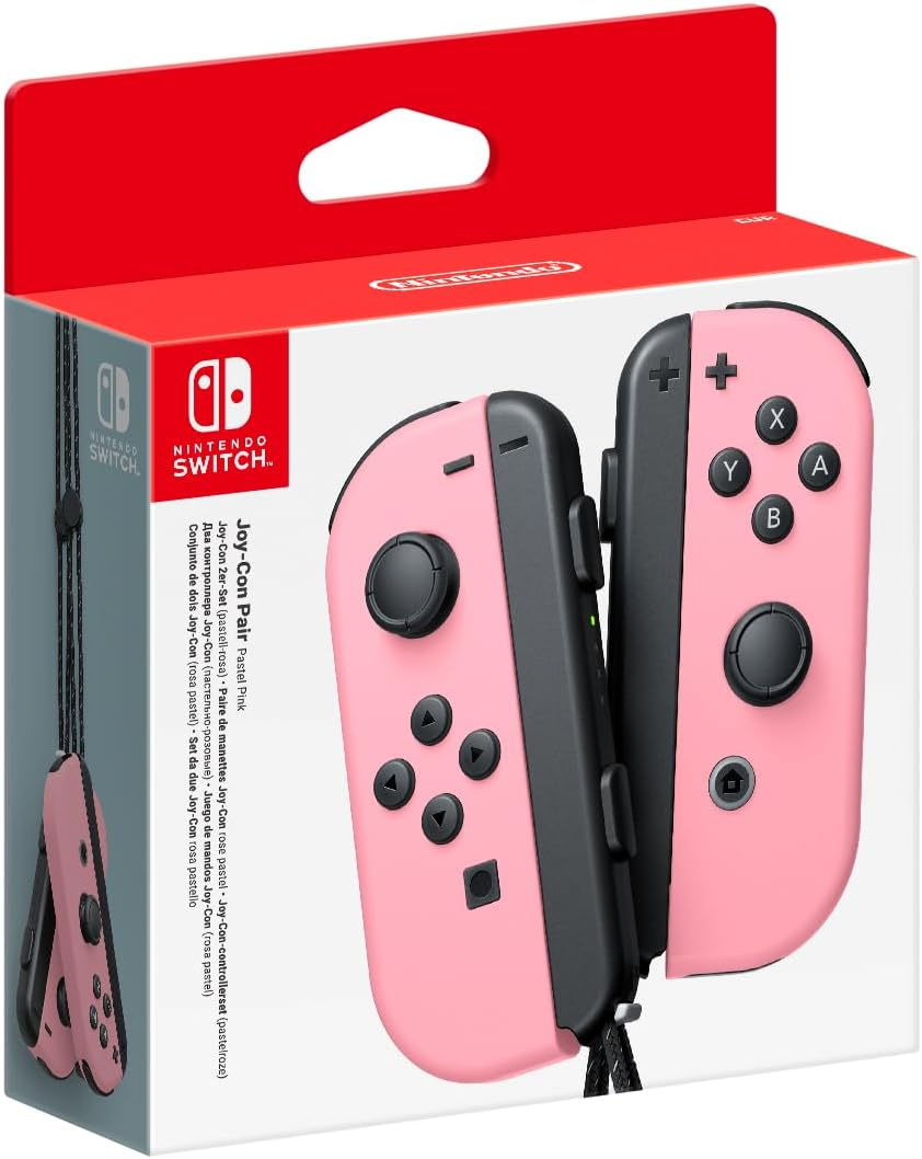 Par Joy-Con rosa en caja. La caja tiene texto e imágenes de los Joy-Cons.