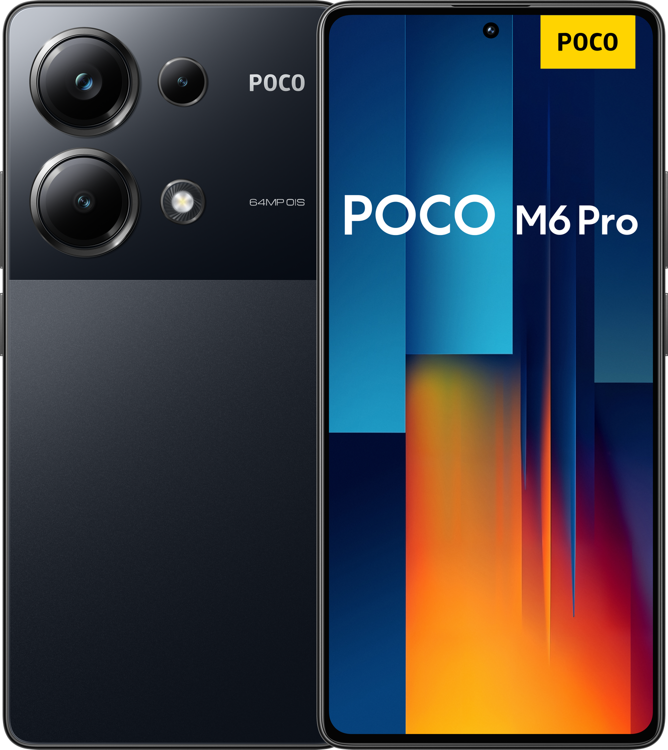 Un teléfono Poco M6 Pro negro, vista frontal y trasera. El teléfono tiene varias cámaras y una pantalla.