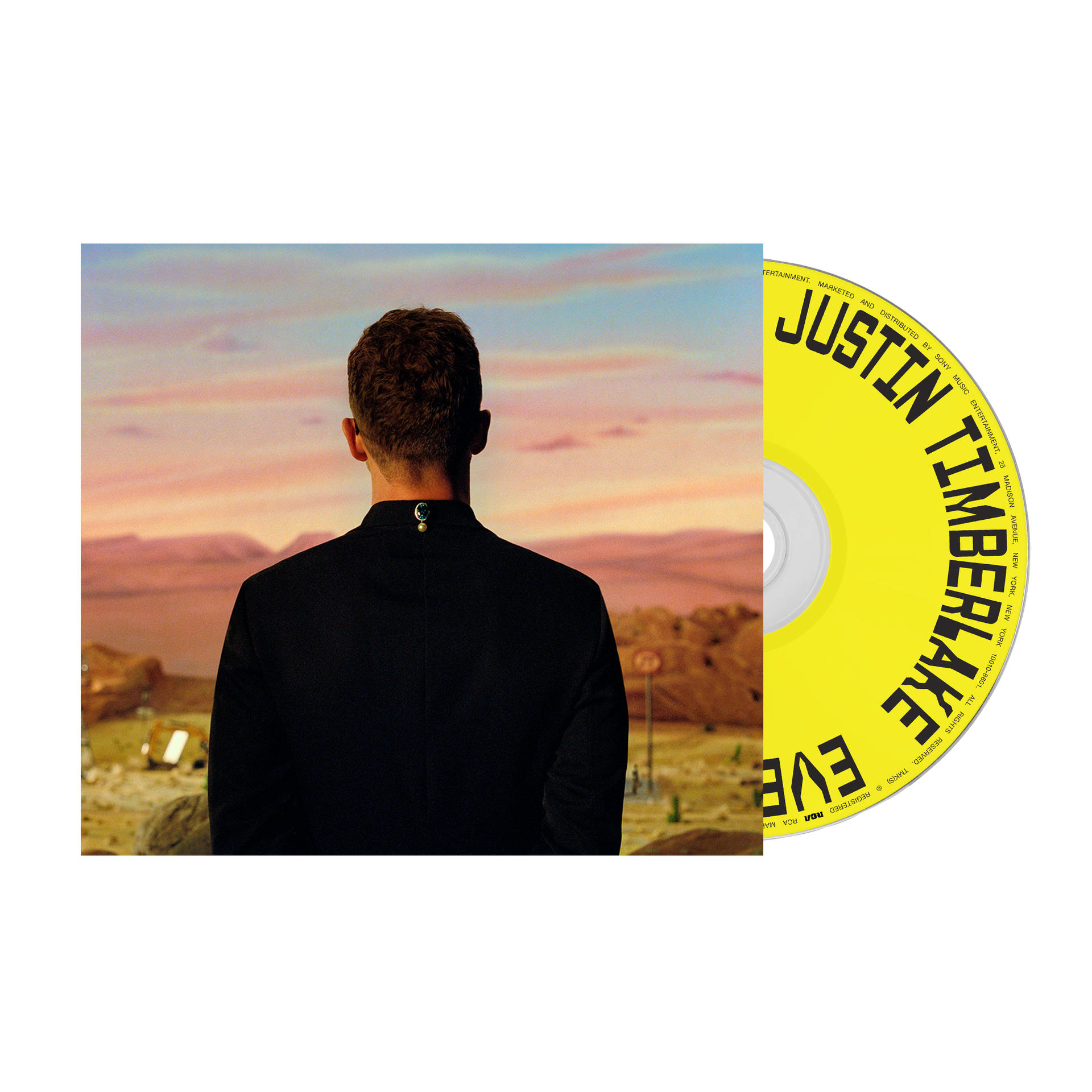 Justin Timberlake Albumcover. Rückansicht eines Mannes in schwarzer Jacke. Gelbe CD.
