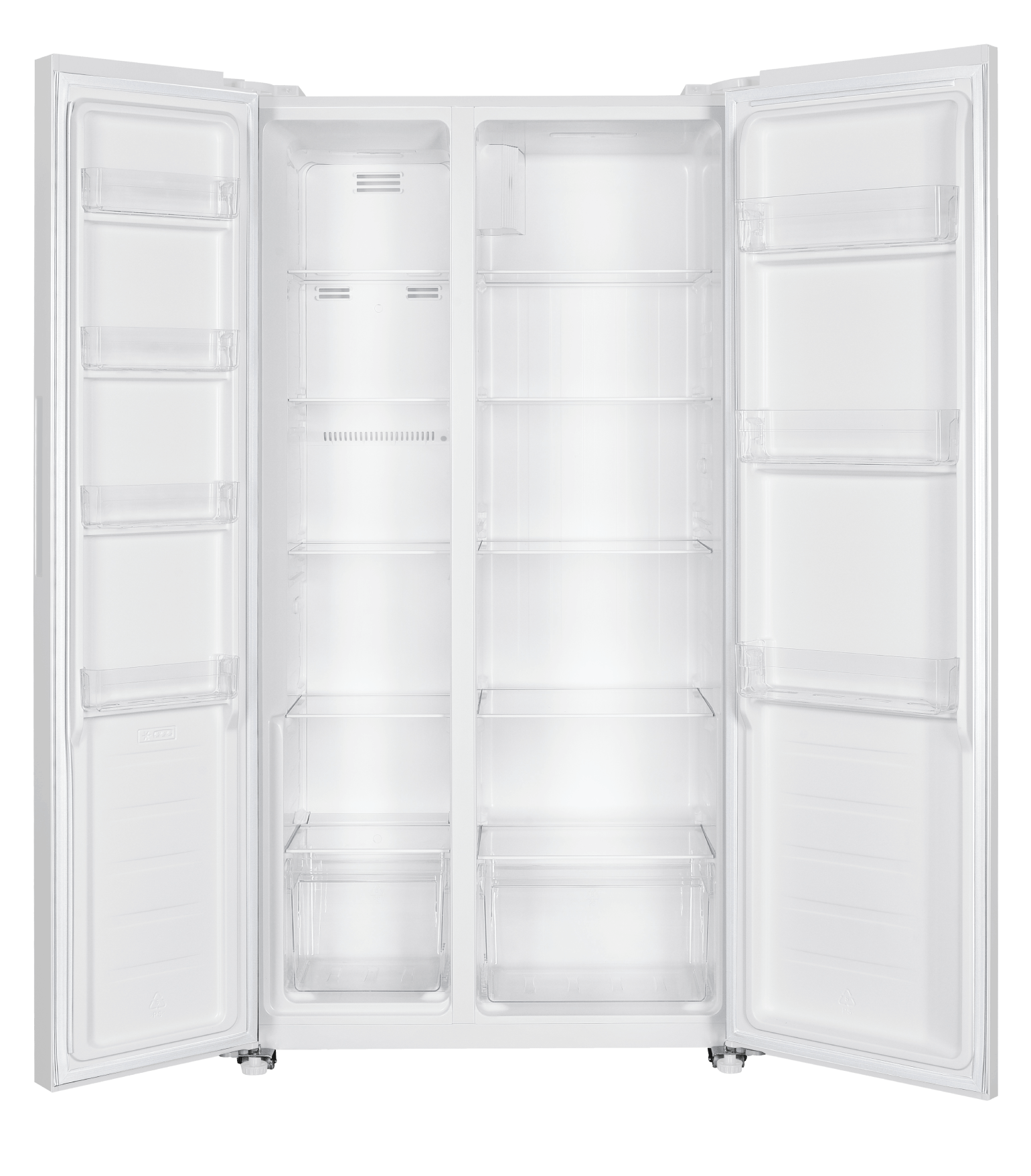 Refrigerador blanco abierto con estantes y cajones transparentes.