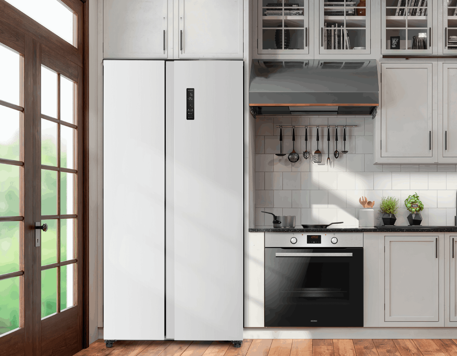 Refrigerador blanco de doble puerta en cocina.