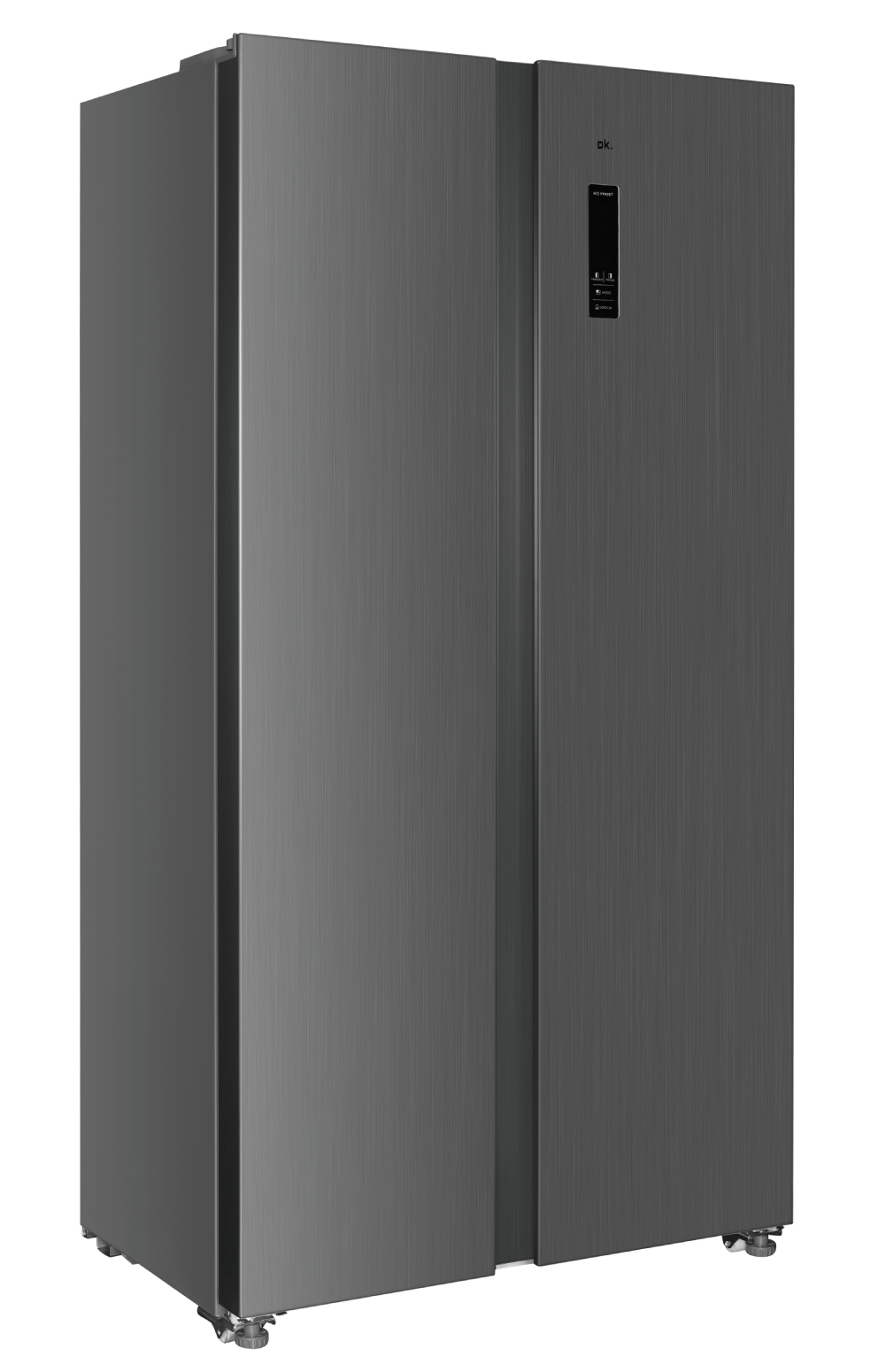 Un refrigerador gris oscuro de lado a lado con una pantalla digital.