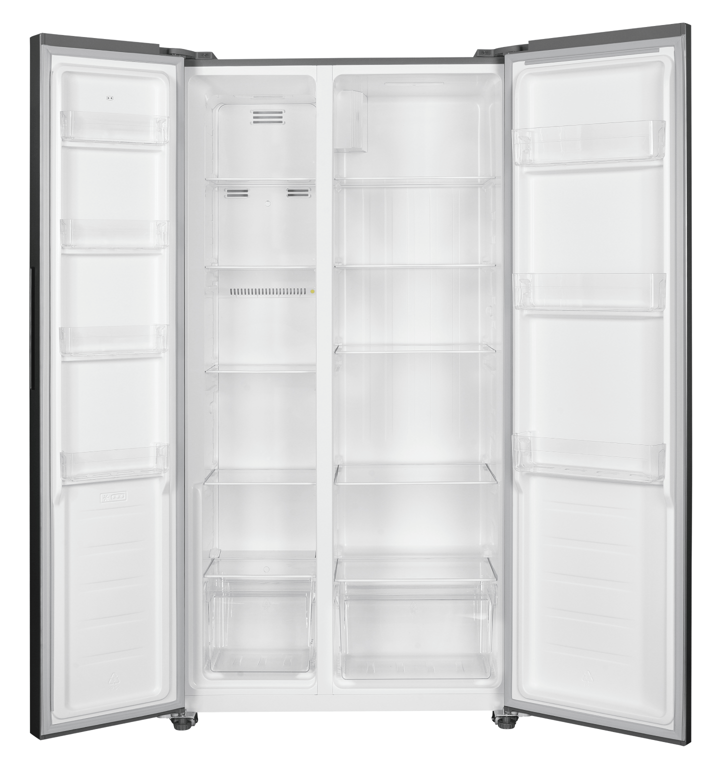 Refrigerador de doble puerta abierto, estantes y cajones vacíos, interior blanco, marco negro.