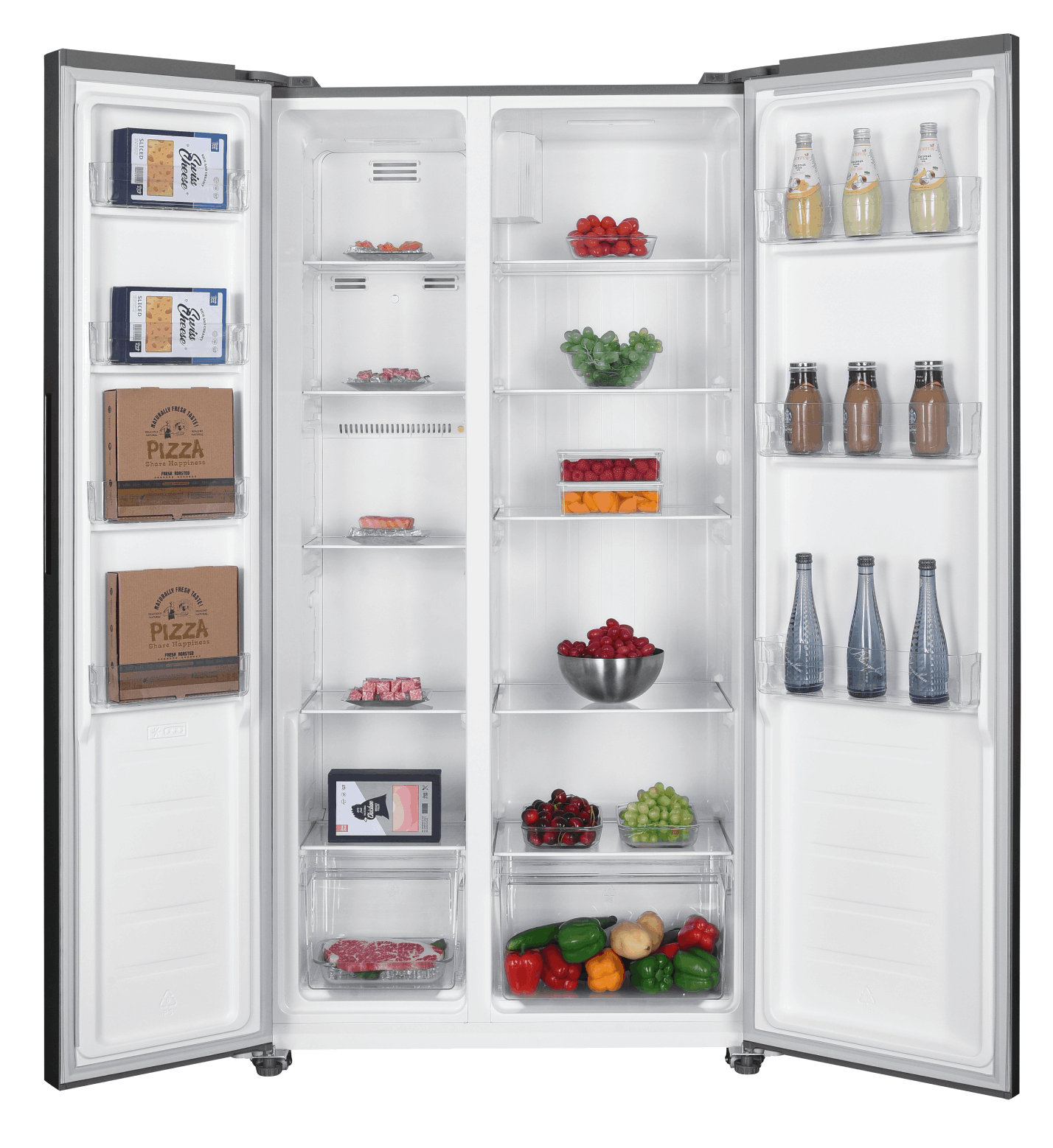 Refrigerador de doble puerta abierto, con contenido visible dentro.