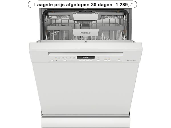 Een witte vaatwasser met een open deur, een prijskaartje erboven en een Miele-logo.
