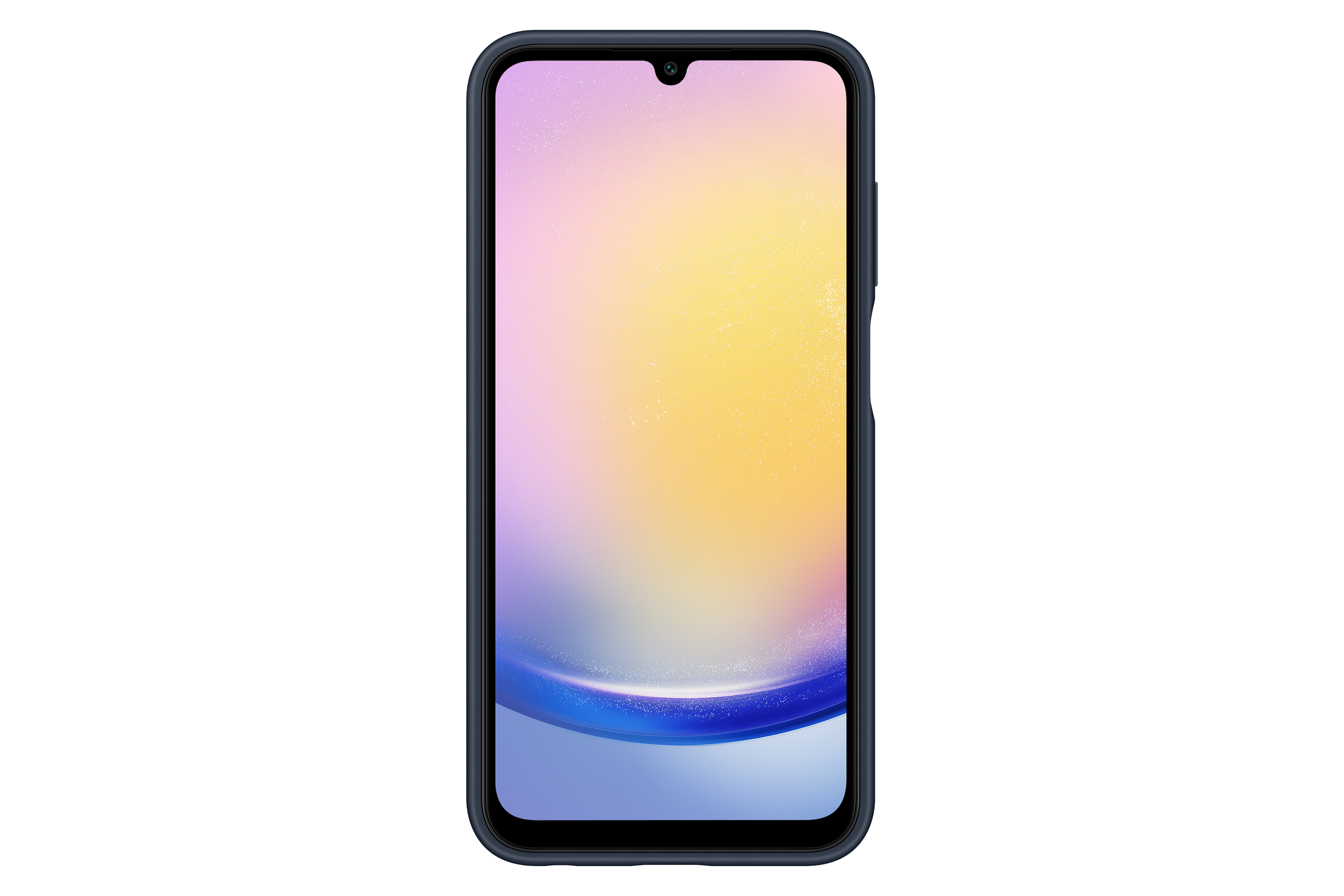 Un smartphone con funda azul, la pantalla muestra un fondo colorido.