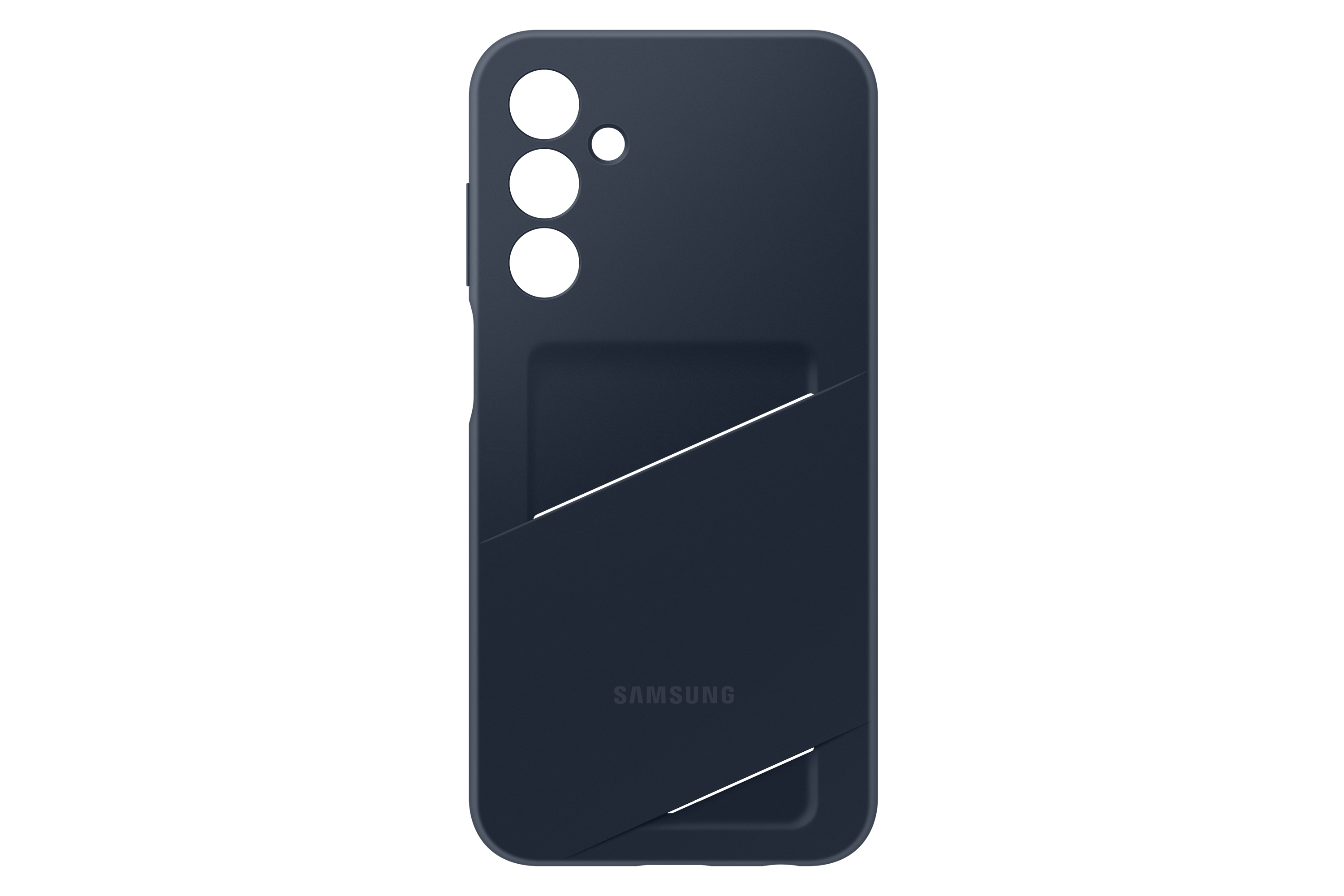 Una funda azul oscuro para teléfono Samsung con diseño de tarjetero.