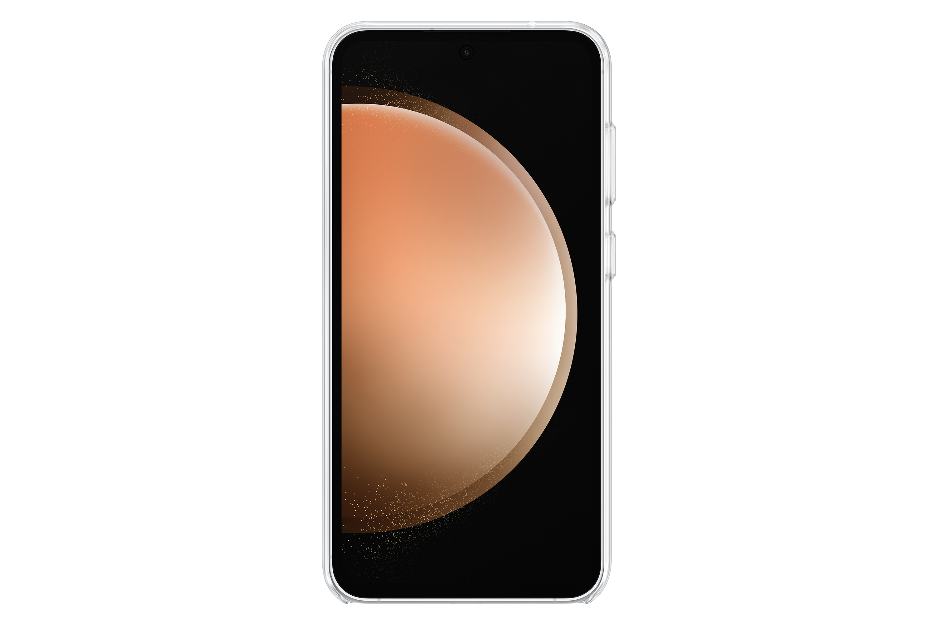 Un teléfono en una funda transparente muestra un degradado naranja y marrón sobre fondo negro.