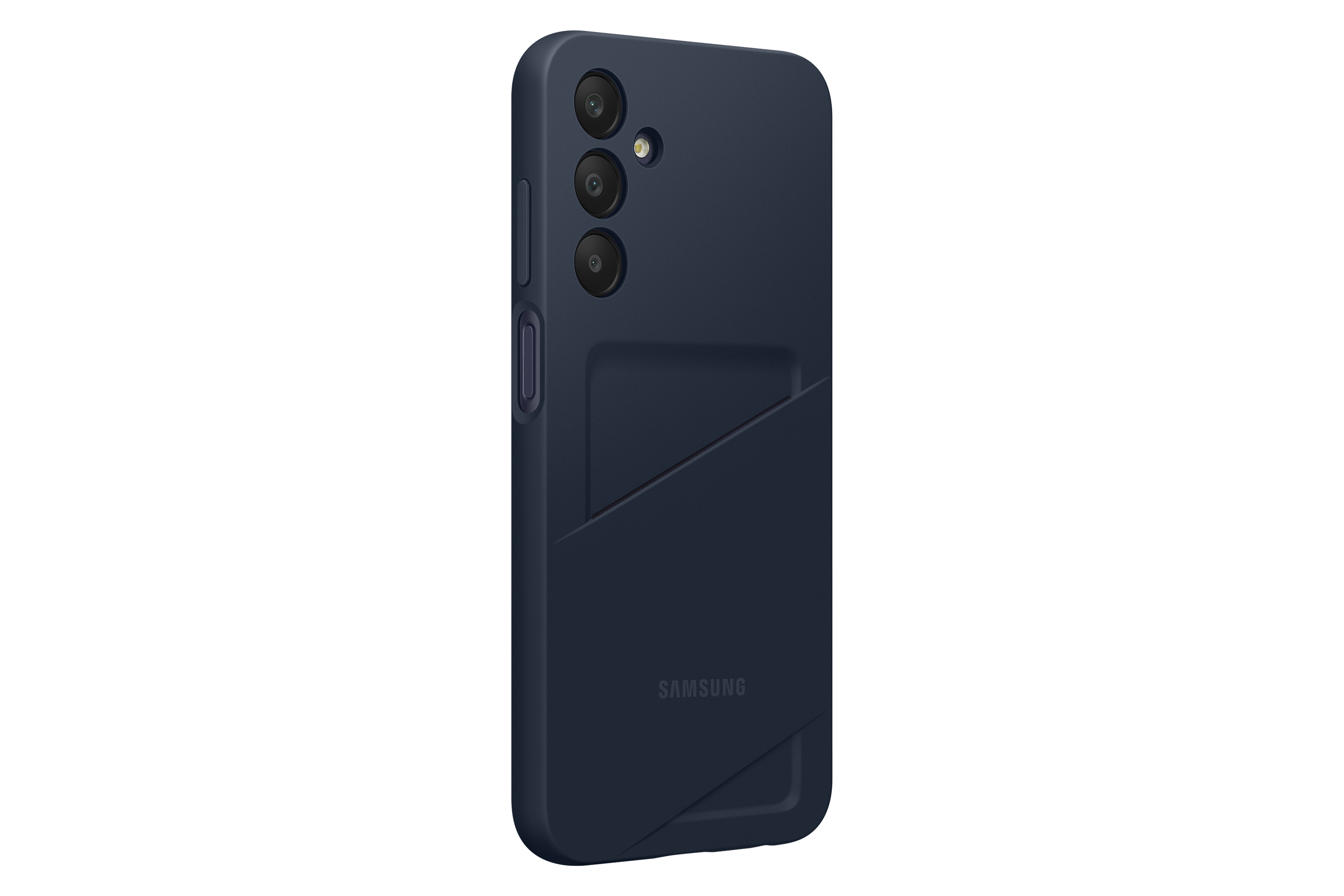 Funda azul marino para teléfono sobre fondo blanco con cámara y logotipo de Samsung.