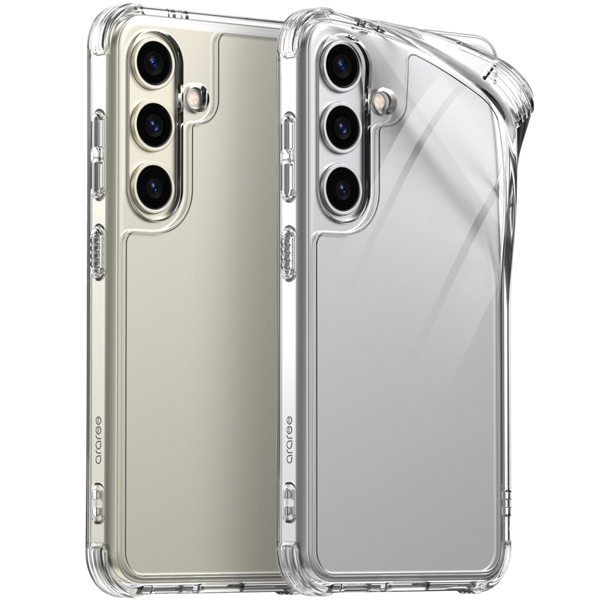 Dwa telefony w przezroczystych etui, jeden złoty i jeden srebrny, z marką 'araree'.