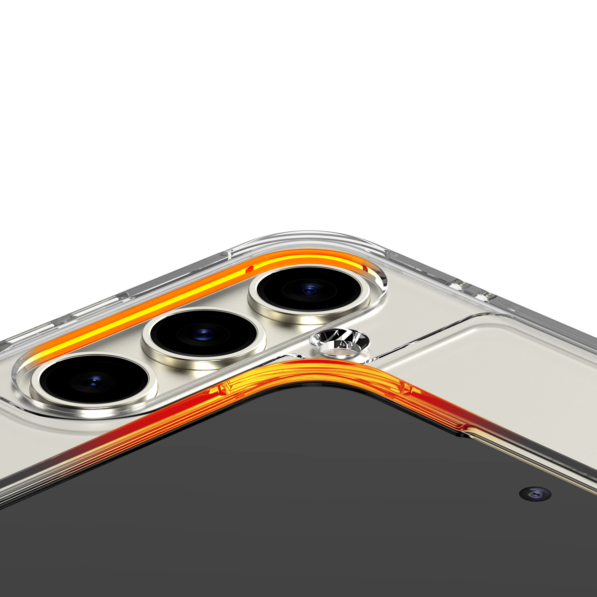 Zbliżenie telefonu z trzema obiektywami aparatu i paskiem świetlnym, na białym tle.