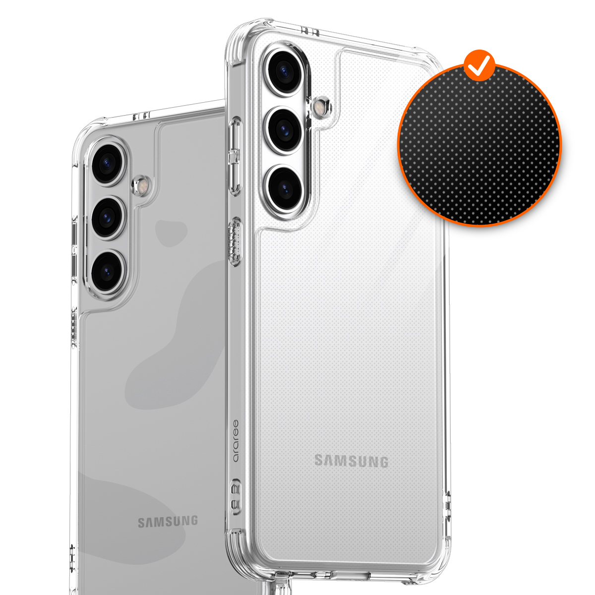 Dwa przezroczyste etui na telefon z widocznym wycięciem na aparat, jedno ze znakiem wyboru.