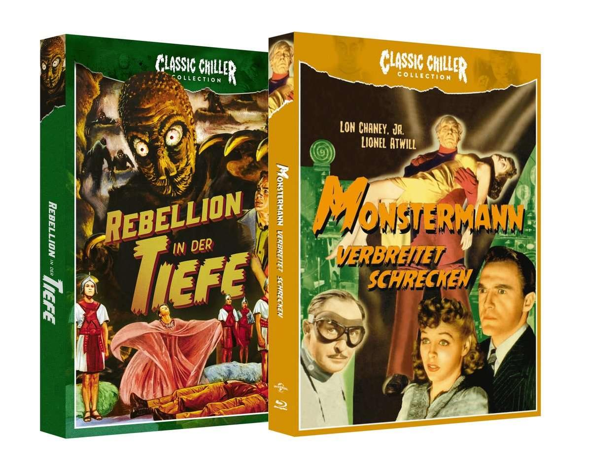 Zwei Filmcover. Eines zeigt ein Monster, das andere einen Mann mit einer Frau. Grün und Gelb.