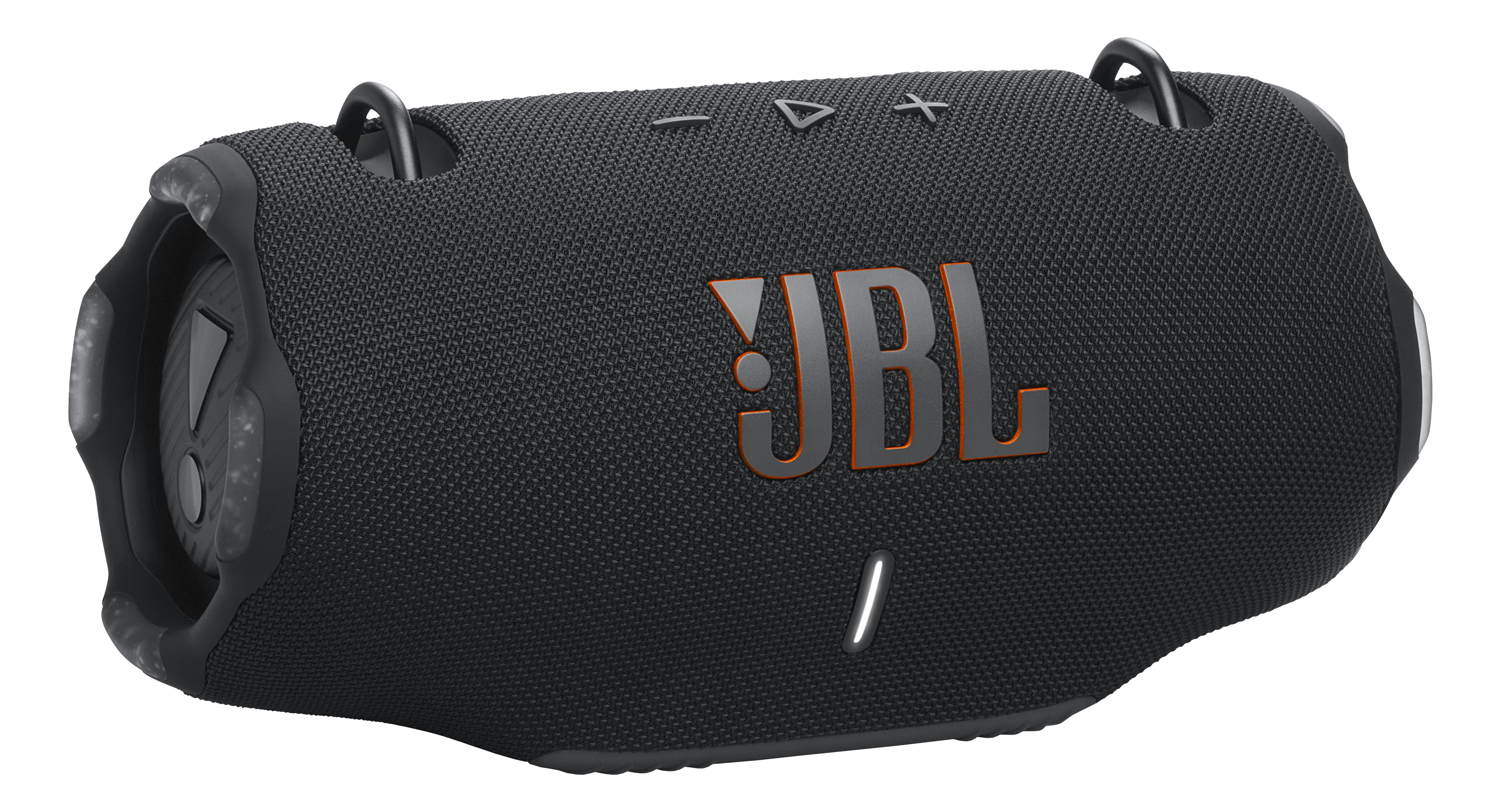 Schwarzer JBL-Lautsprecher mit orangefarbenem JBL-Logo, Knöpfen und Netzstoff. Schwarze Endkappen mit Logo.