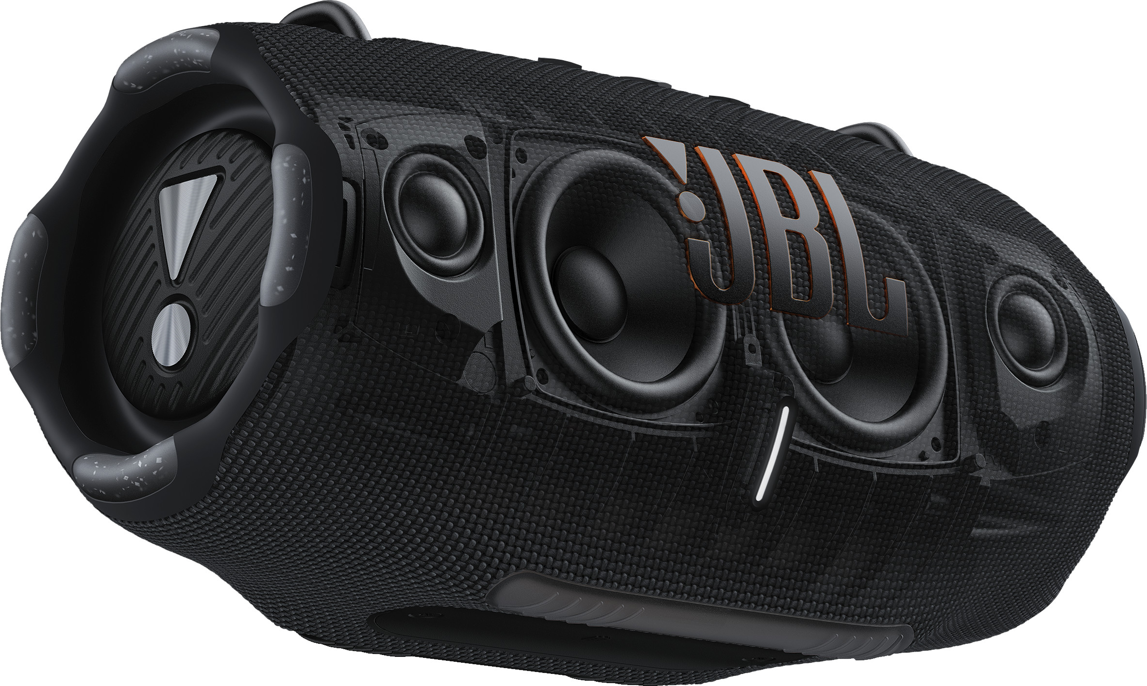 Schwarzer JBL-Lautsprecher mit freiliegenden Lautsprechern, prominentem JBL-Logo und strukturiertem Finish.