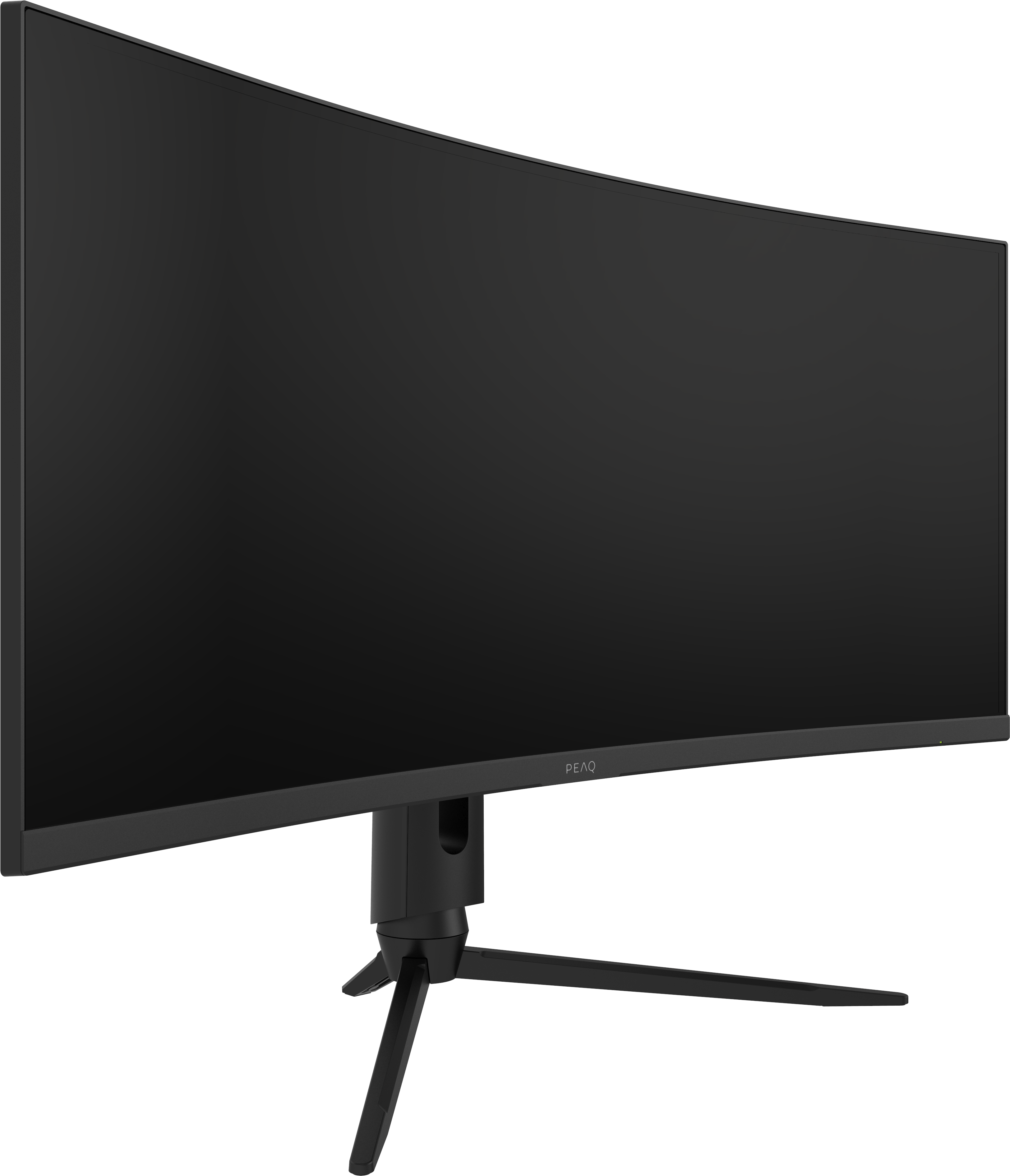 Monitor curvo nero su un supporto.