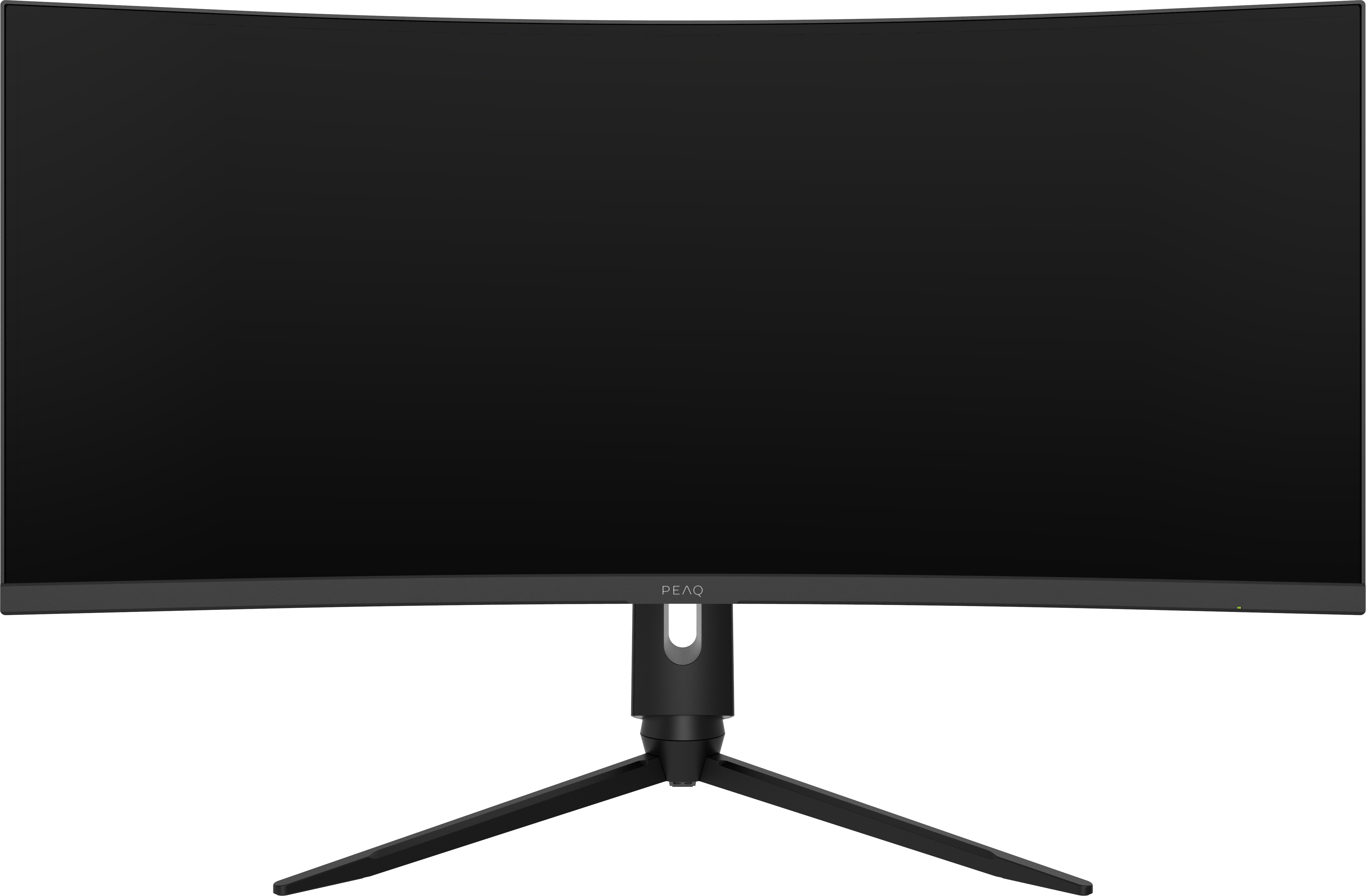 Un monitor per computer nero curvo su un supporto, che mostra il logo PEAQ.