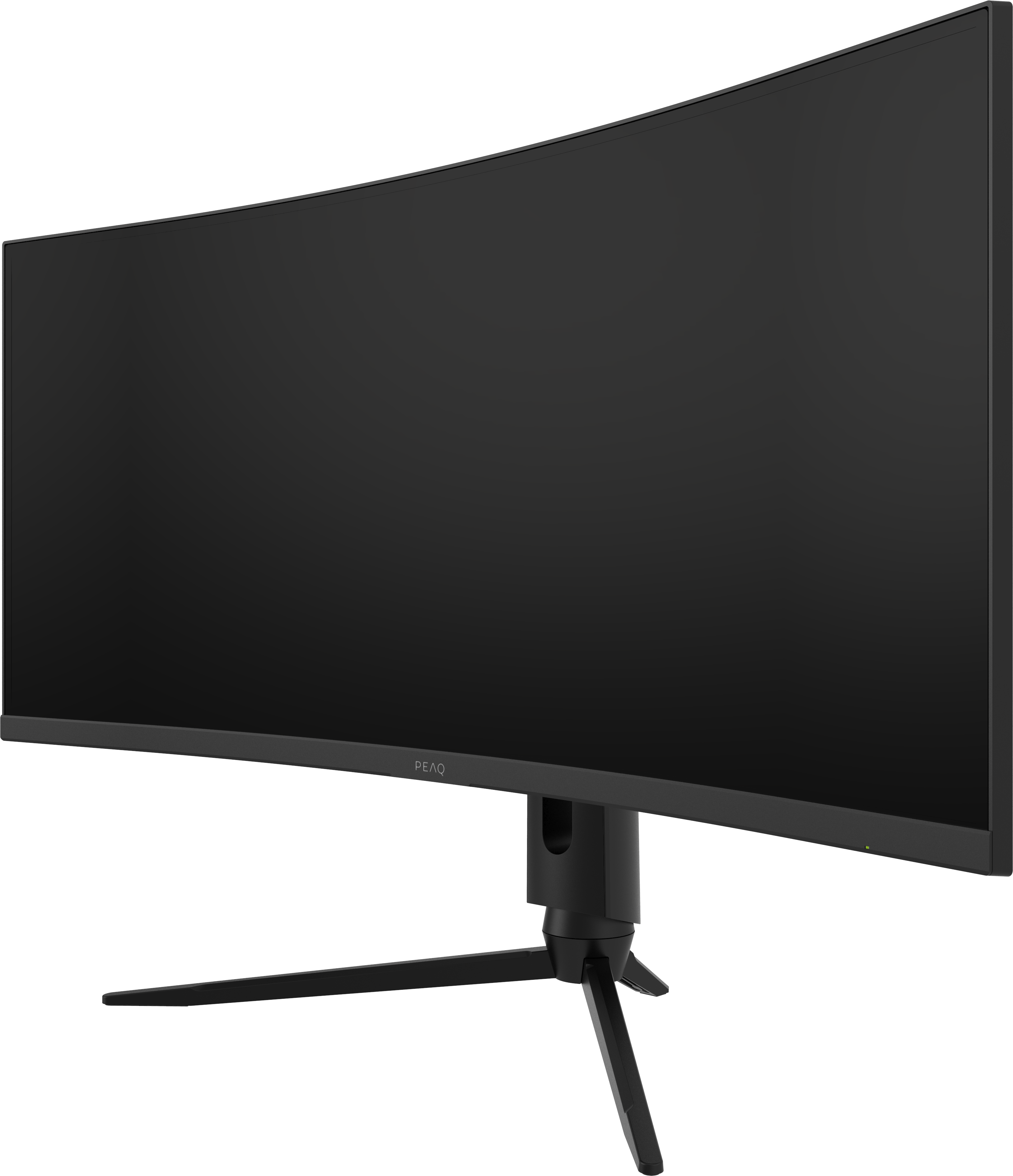 Monitor curvo su un supporto nero. Lo schermo è nero, con il nome PEAQ in basso.