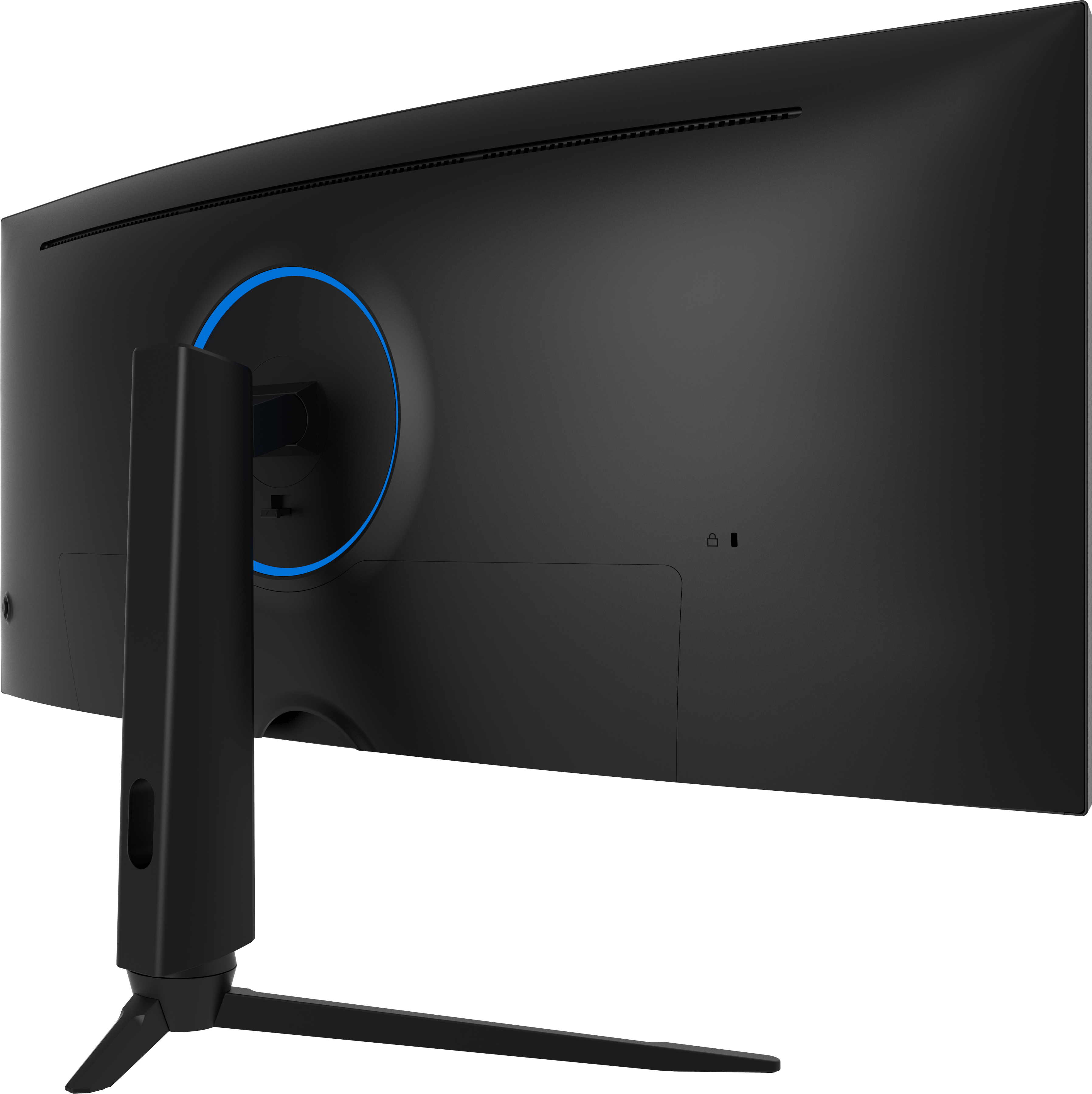 Retro di un monitor curvo nero. Presenta un anello blu e un supporto. Porte visibili.