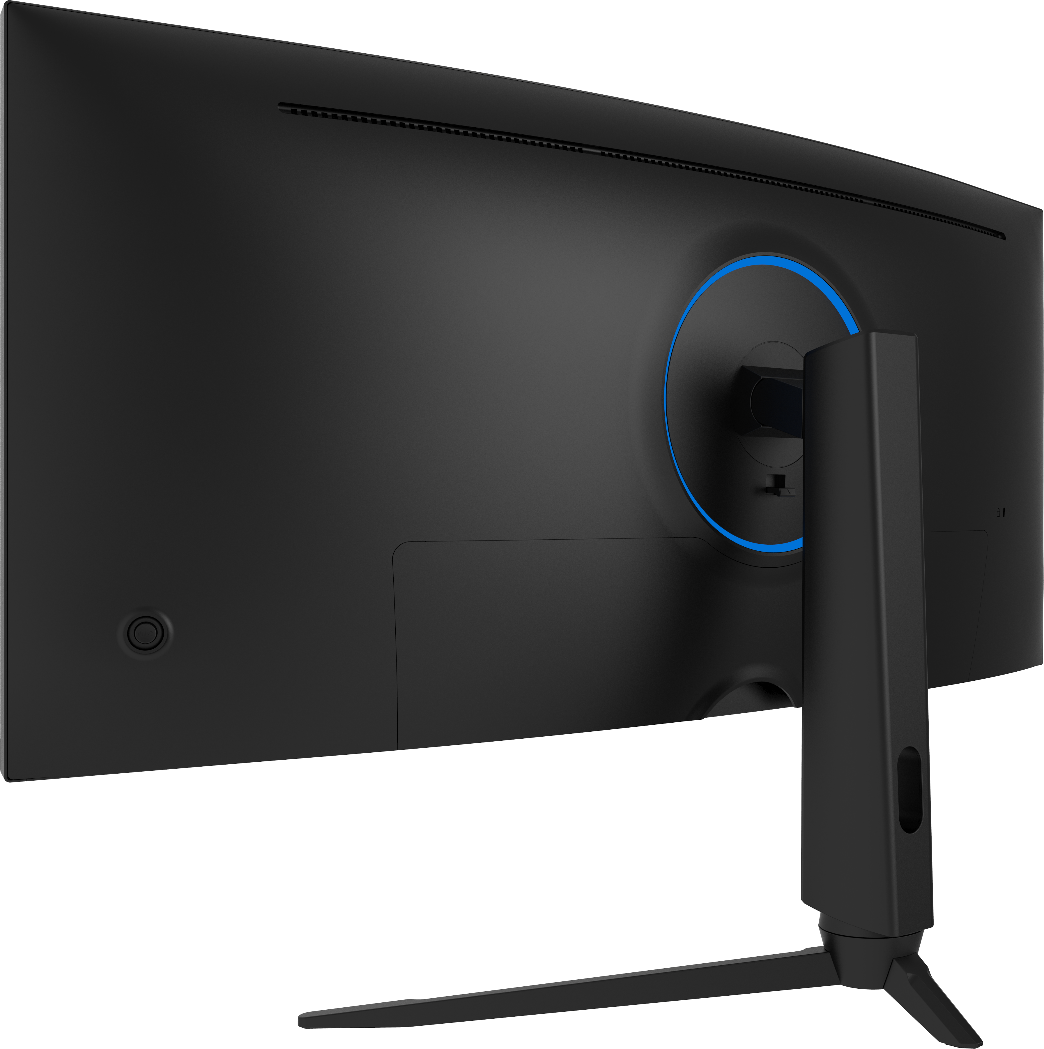 Monitor nero curvo, vista posteriore, con anello luminoso blu e supporto.