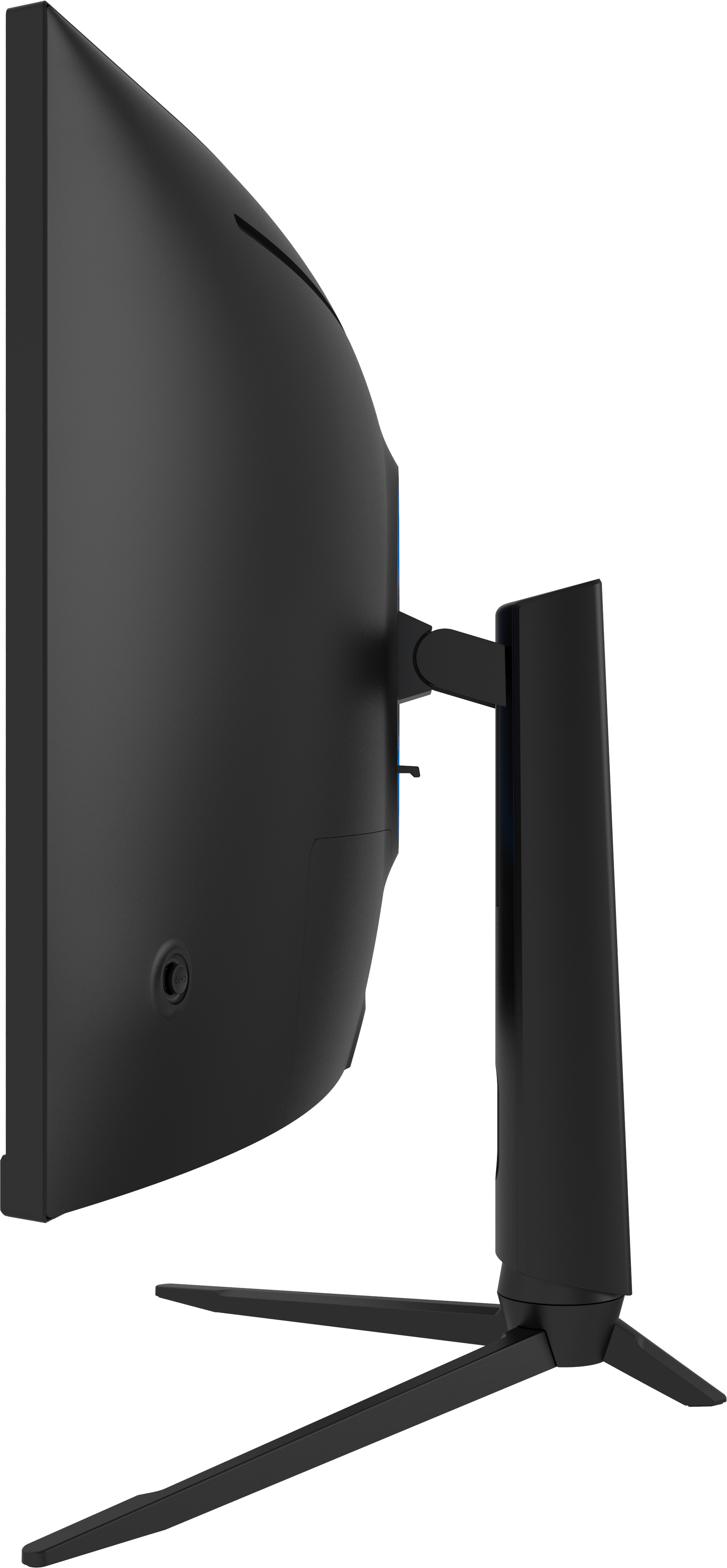 Una vista laterale di un monitor curvo con cornice nera e supporto, che mostra un accento blu.