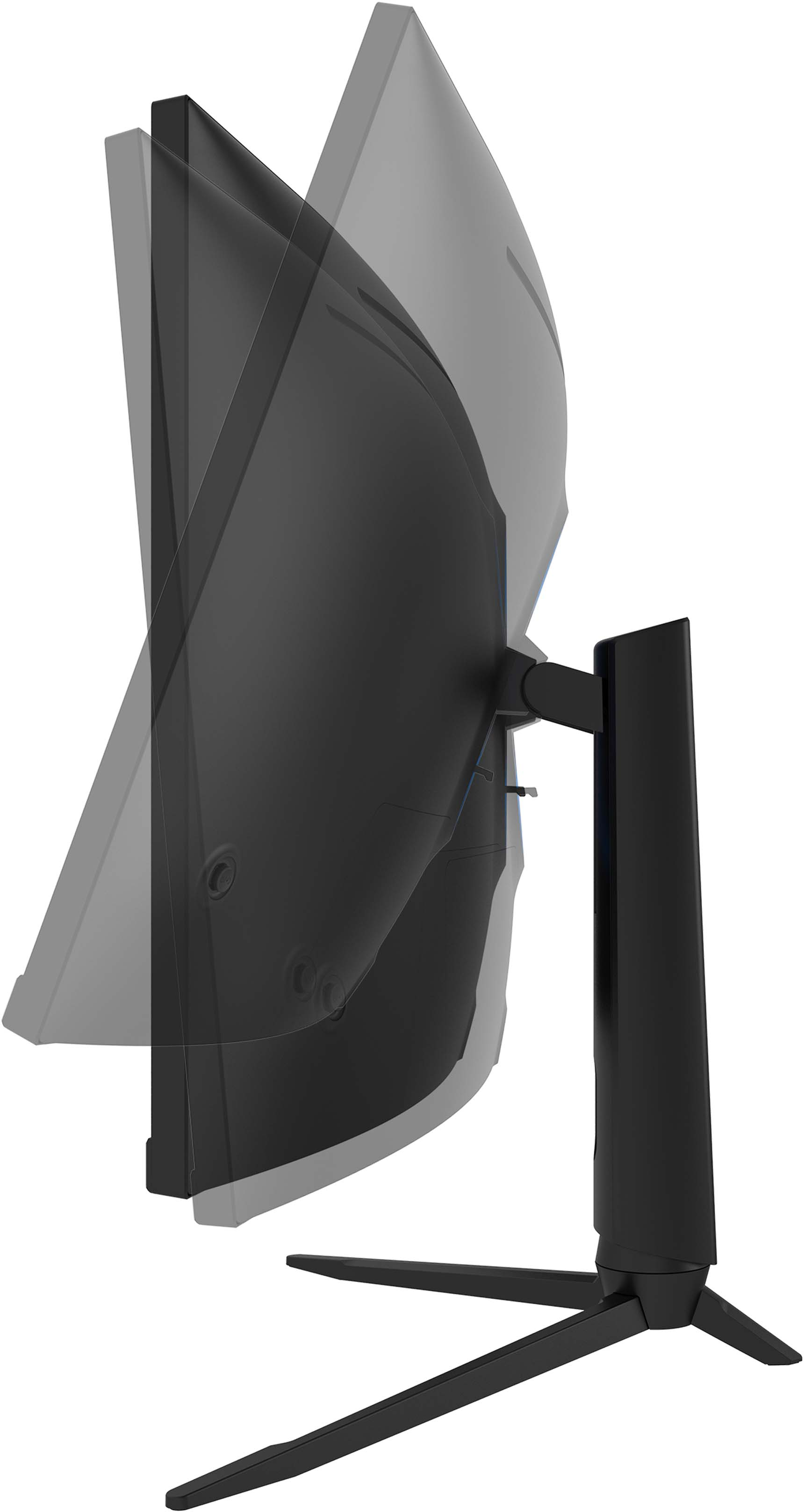 Vista laterale di un monitor per computer nero con schermo curvo e supporto nero.