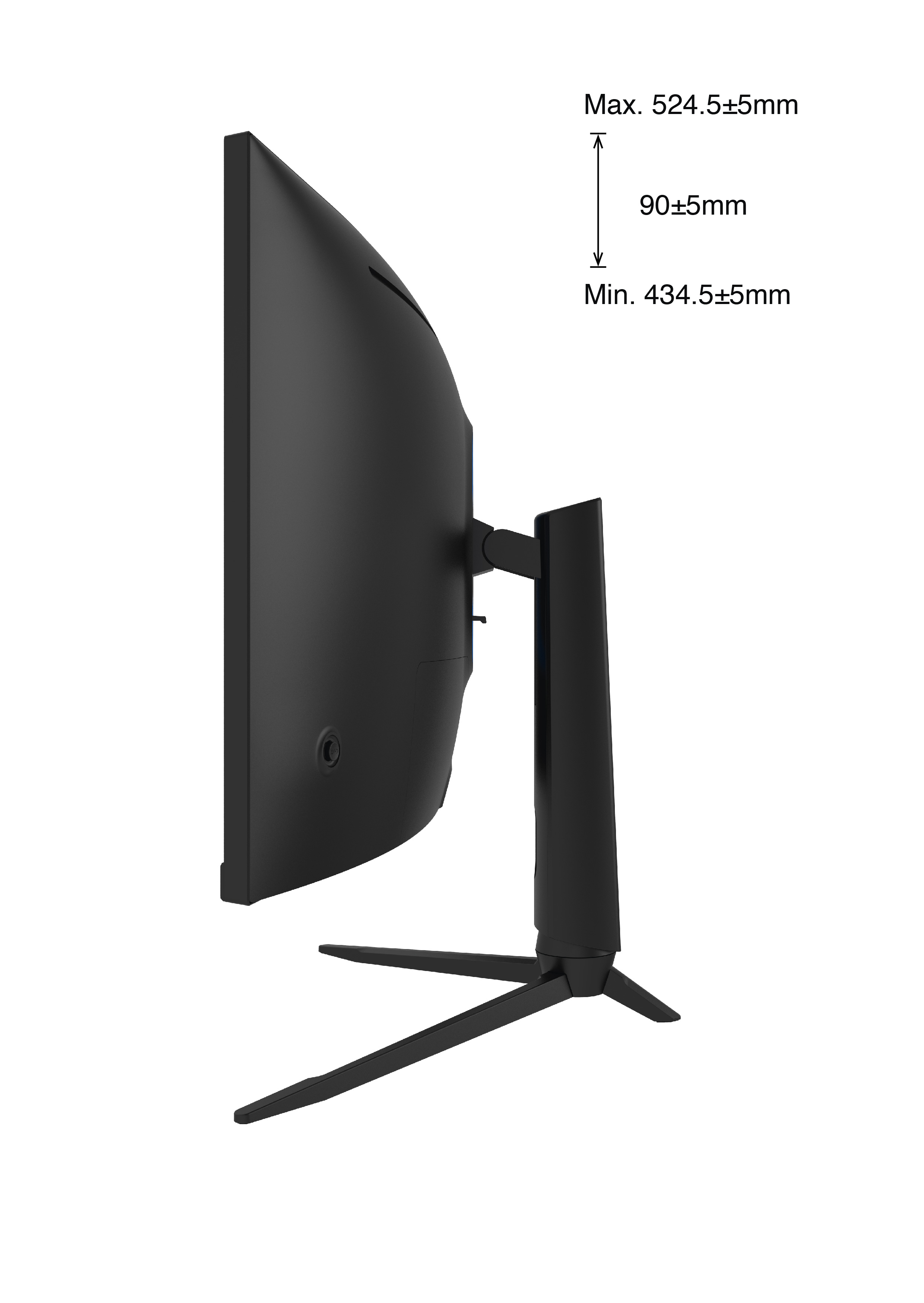 Un monitor nero curvo con le dimensioni scritte sul lato.