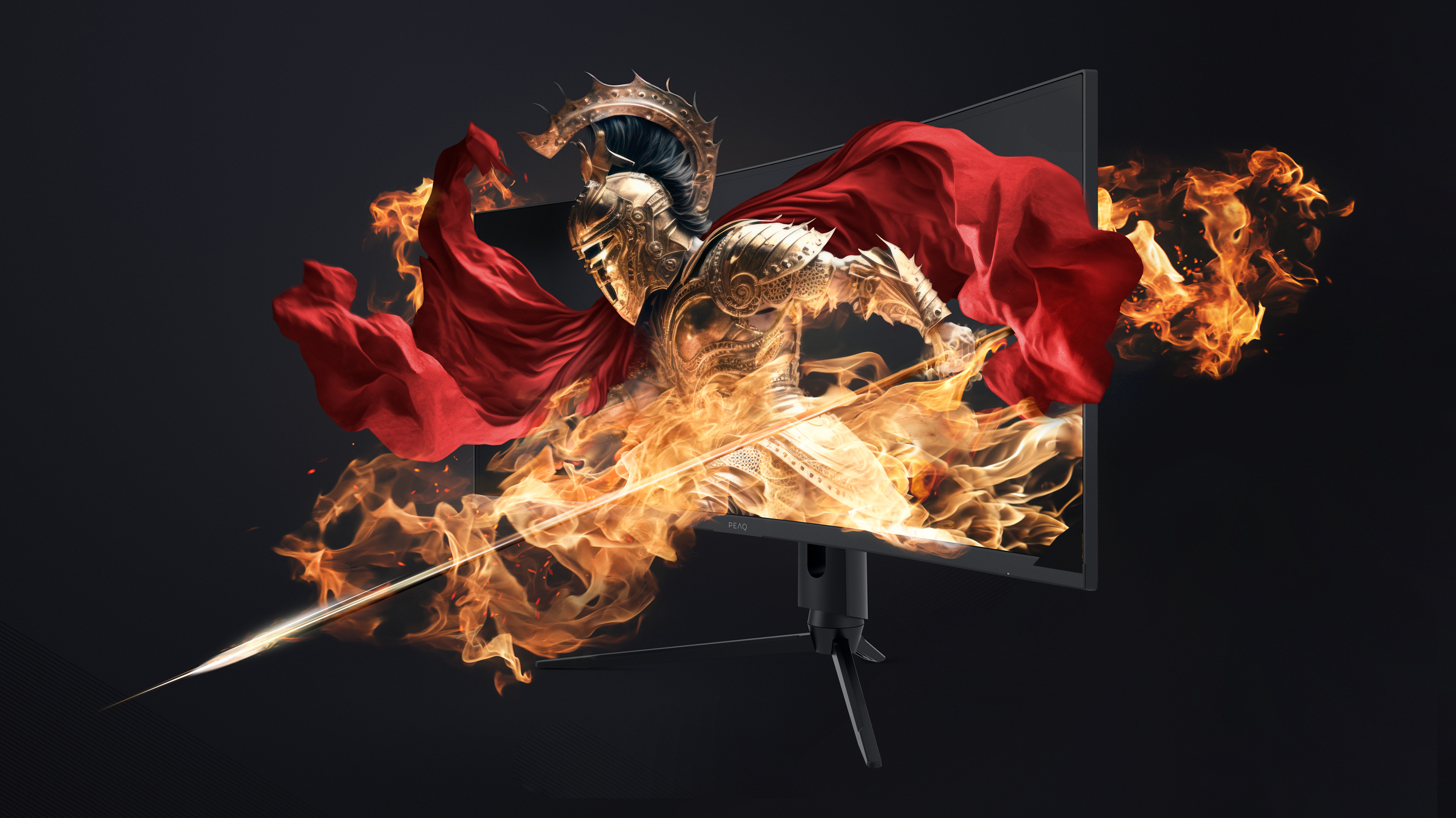 Un monitor con un guerriero che esce dalle fiamme e un mantello rosso.