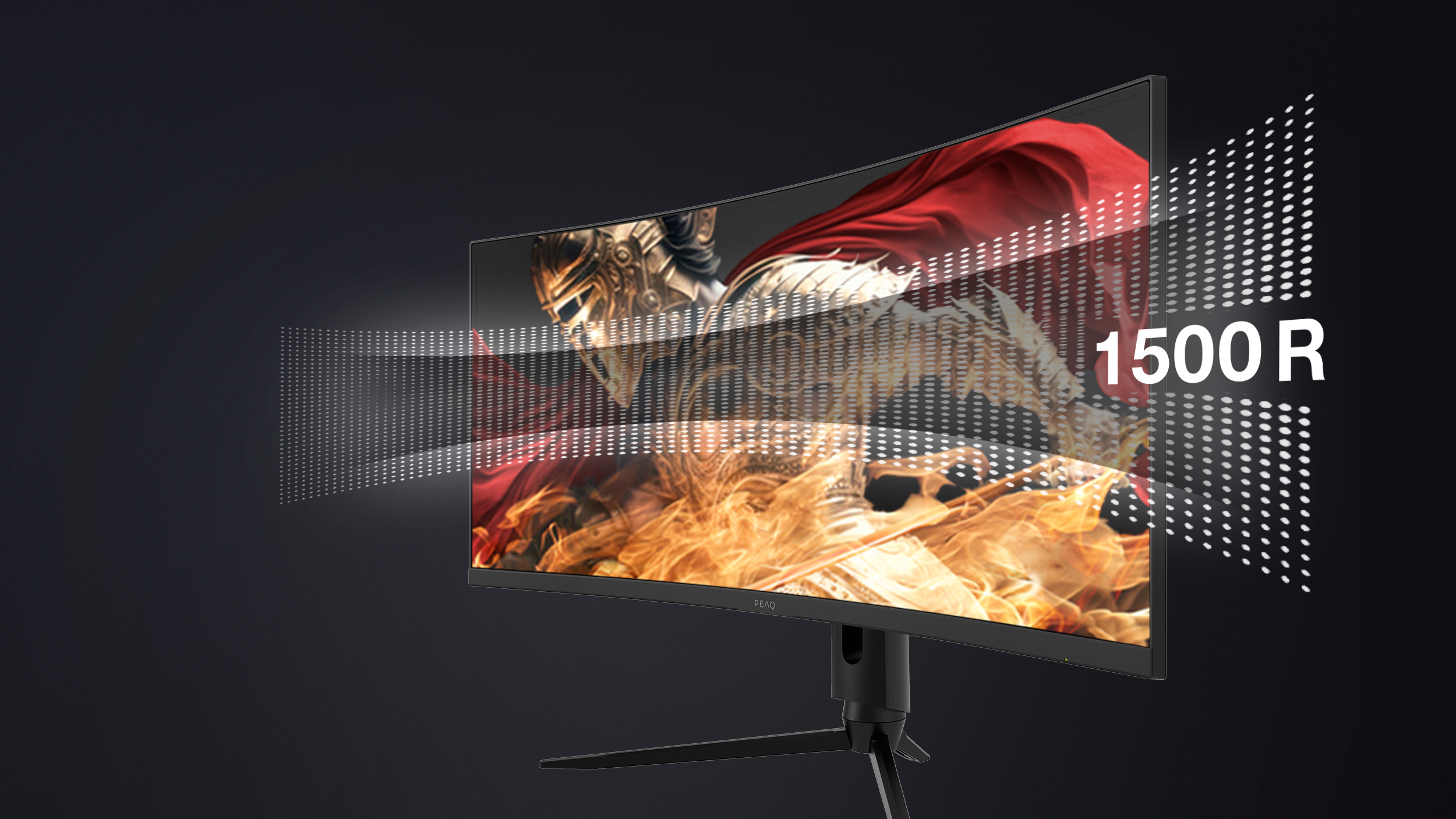 Monitor curvo con scena guerriera, testo bianco: 1500 R, e fasci di luce.