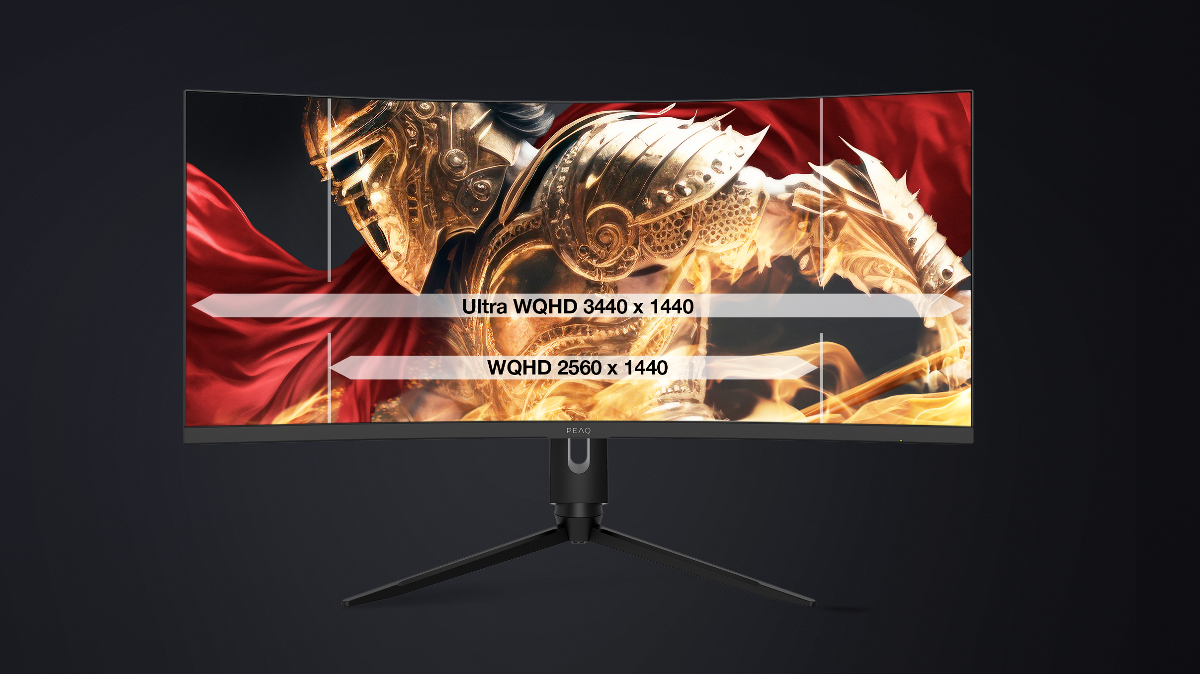 Monitor curvo con etichette Ultra WQHD e WQHD. Immagine di cavaliere dorato sullo sfondo.