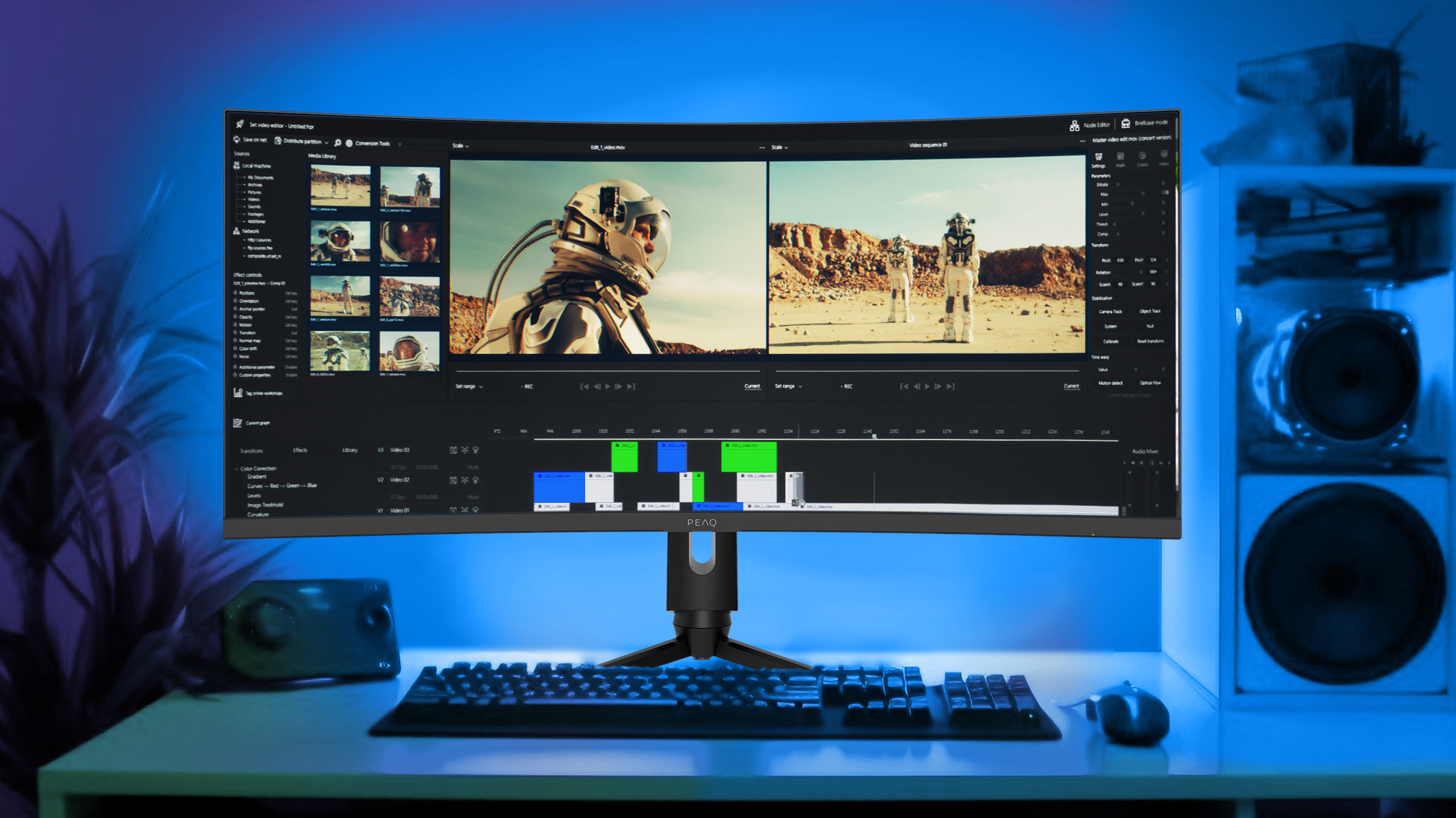 Monitor curvo che mostra un'interfaccia di editing video, con tastiera.