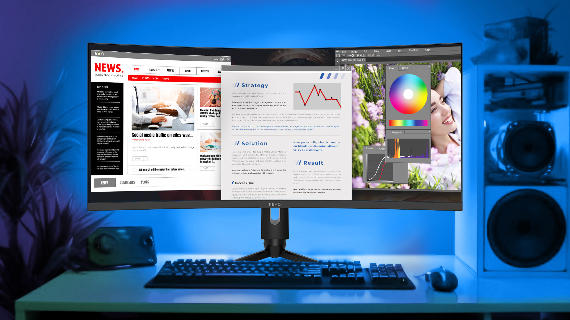 Monitor curvo con un sito web, una presentazione e un'interfaccia software di editing fotografico.