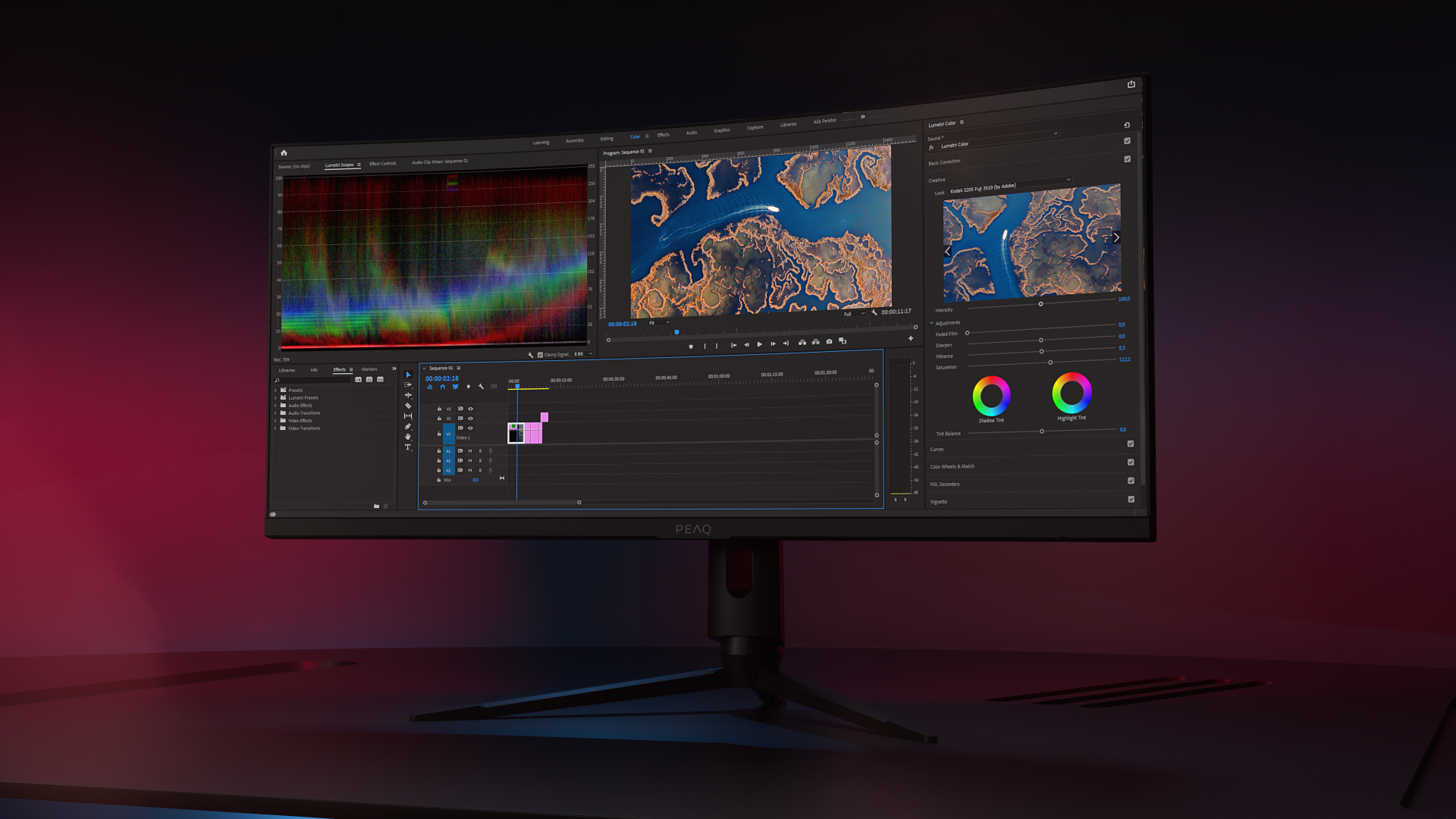 Monitor curvo che mostra l'interfaccia di un software di editing video con sfumature di colore.