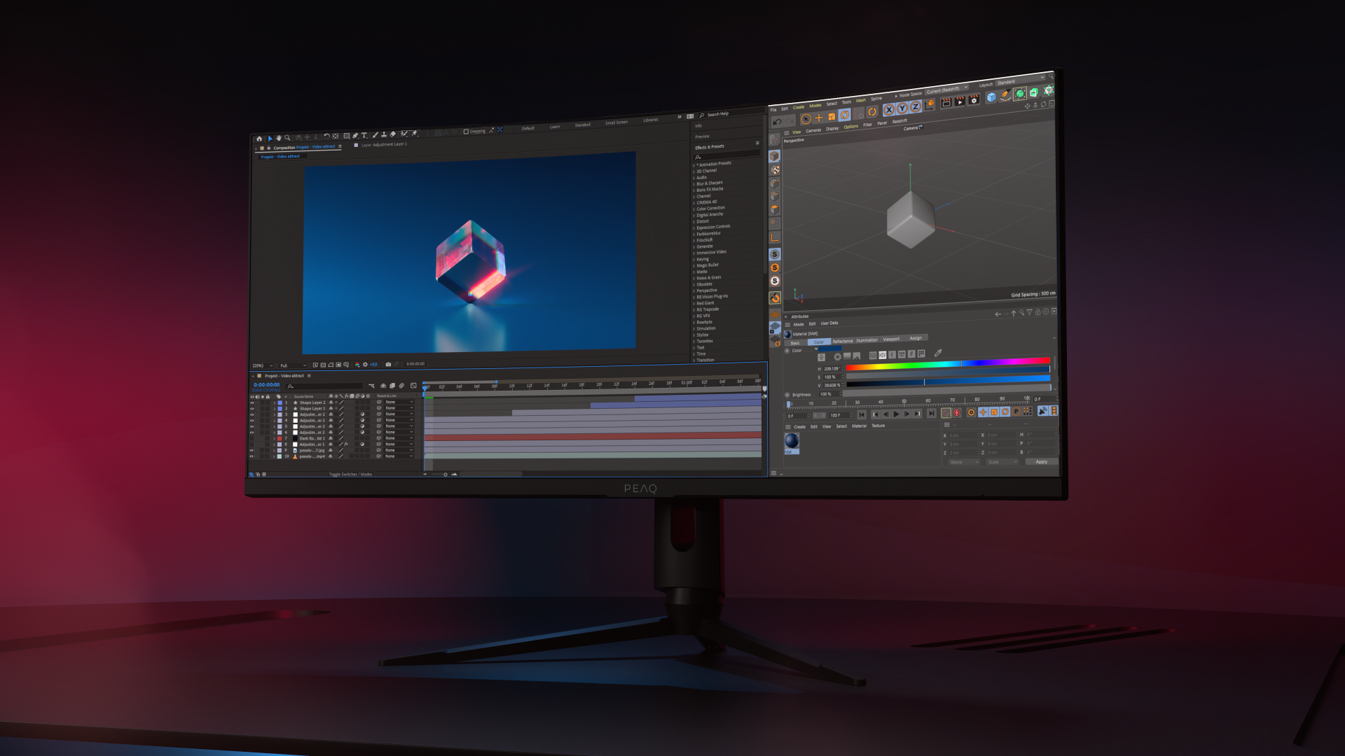 Un monitor da gioco che mostra un'animazione di un cubo 3D e l'interfaccia di un software di editing.
