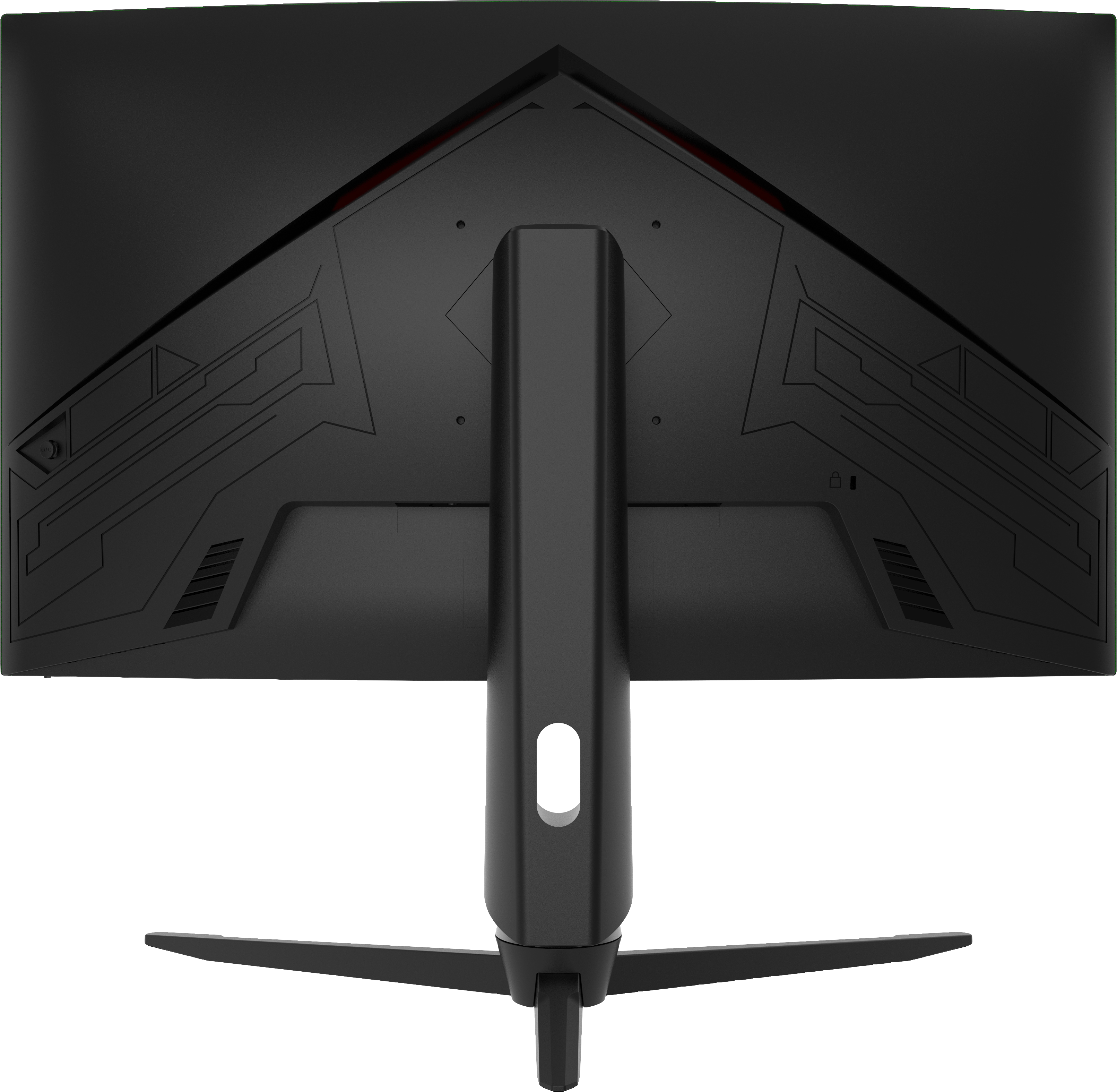 Arrière d'un moniteur d'ordinateur noir avec un pied. Il y a un logo au dos.