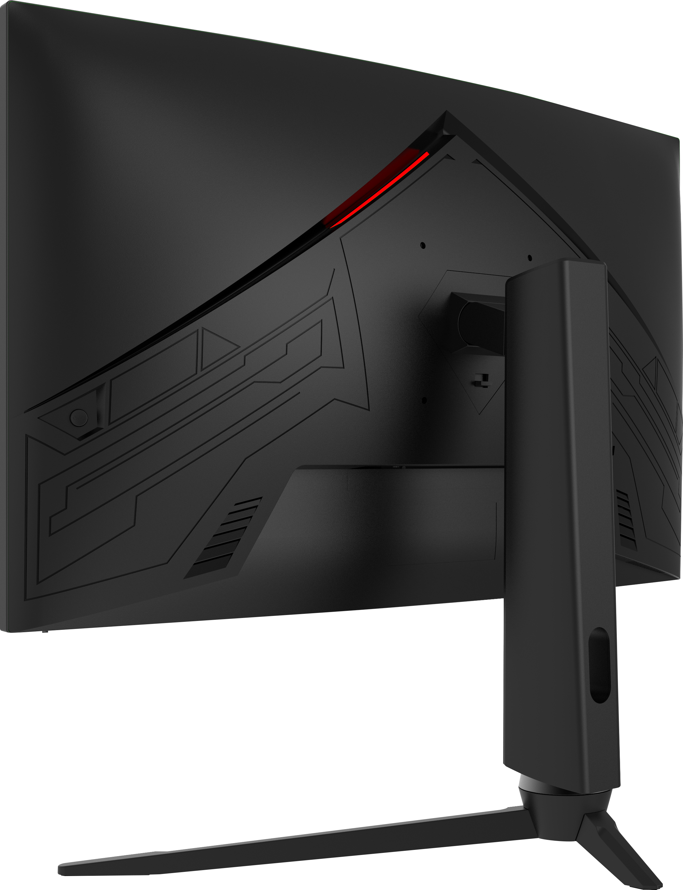 Vue arrière d'un moniteur d'ordinateur noir, avec des lumières rouges d'accentuation et un pied. L'arrière a un design texturé unique.