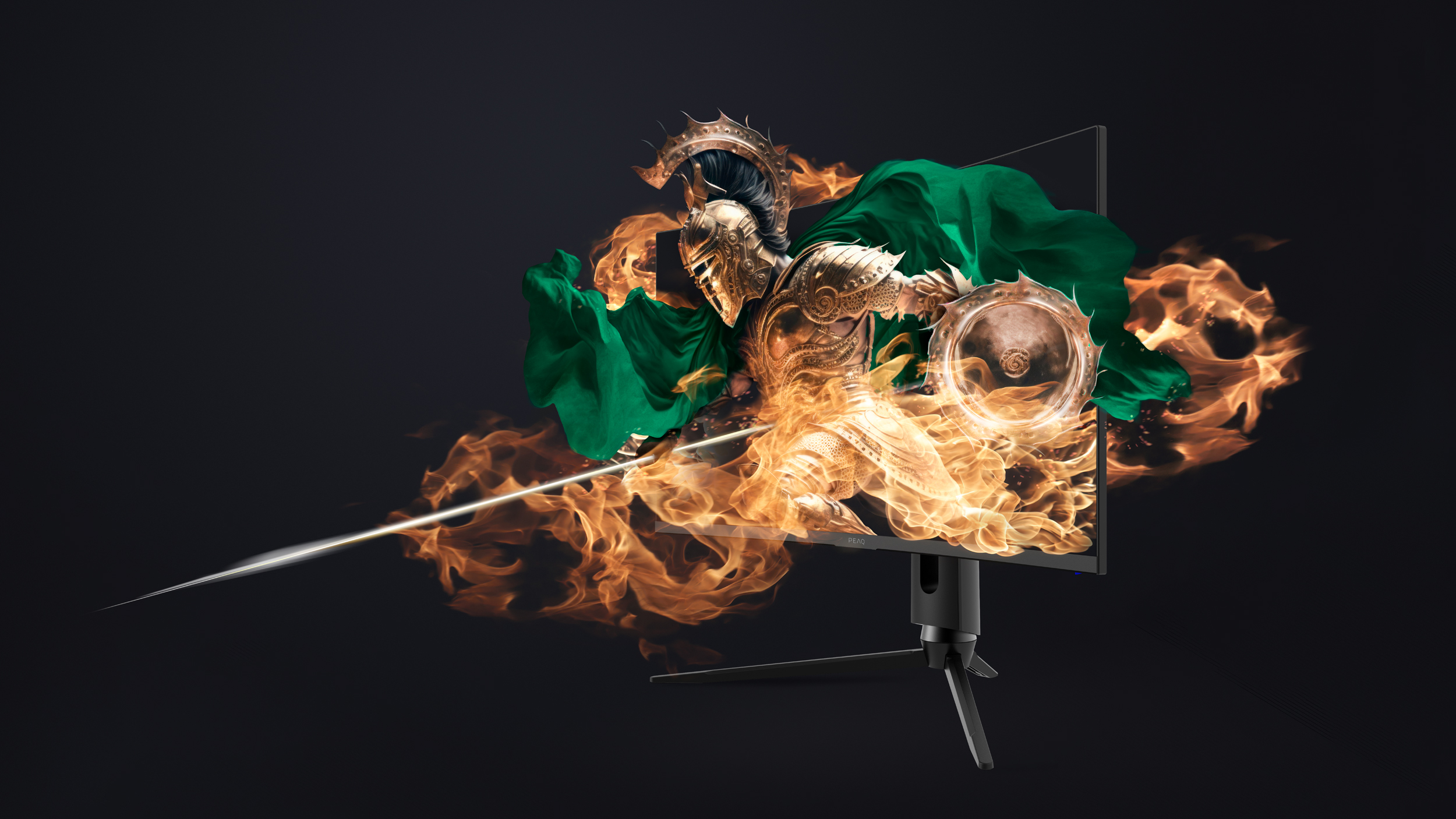 Un écran d'ordinateur avec un guerrier en flammes. Le fond est sombre avec un design moderne.
