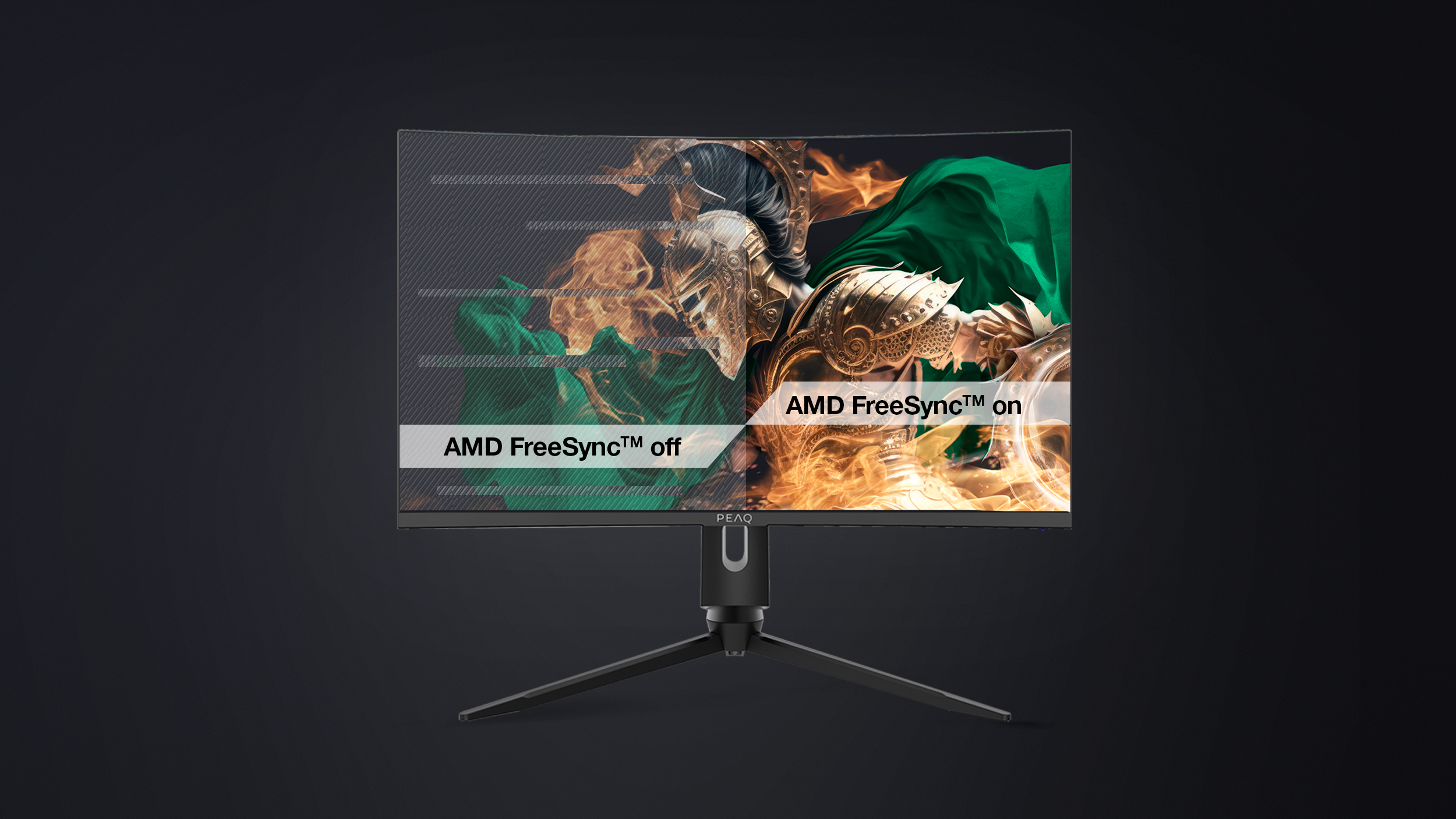 Moniteur incurvé. Affiche la comparaison AMD FreeSync activé/désactivé. Fond sombre.