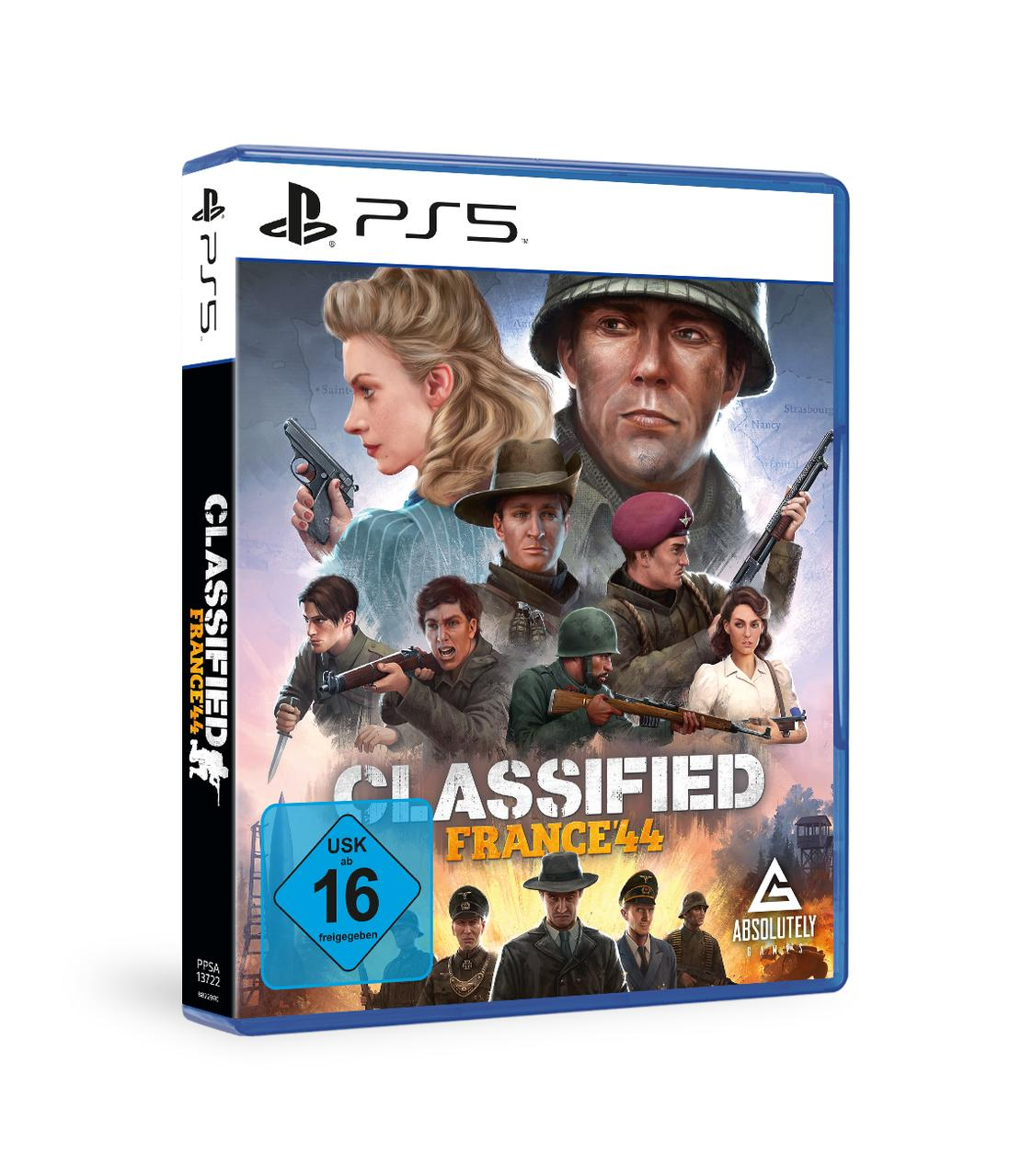Classified France 44 Spielbox, mit mehreren Charakteren auf dem Cover. PS5-Logo oben.