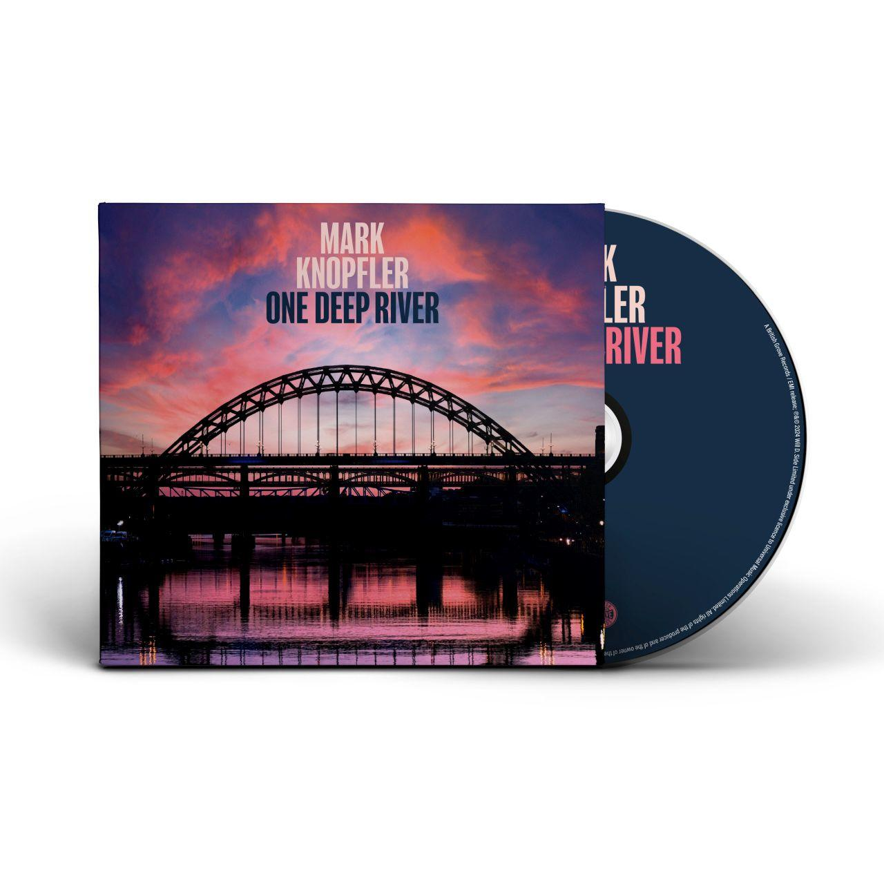 Pochette de CD avec un pont sur une rivière au coucher du soleil. CD à droite. Fond bleu foncé.