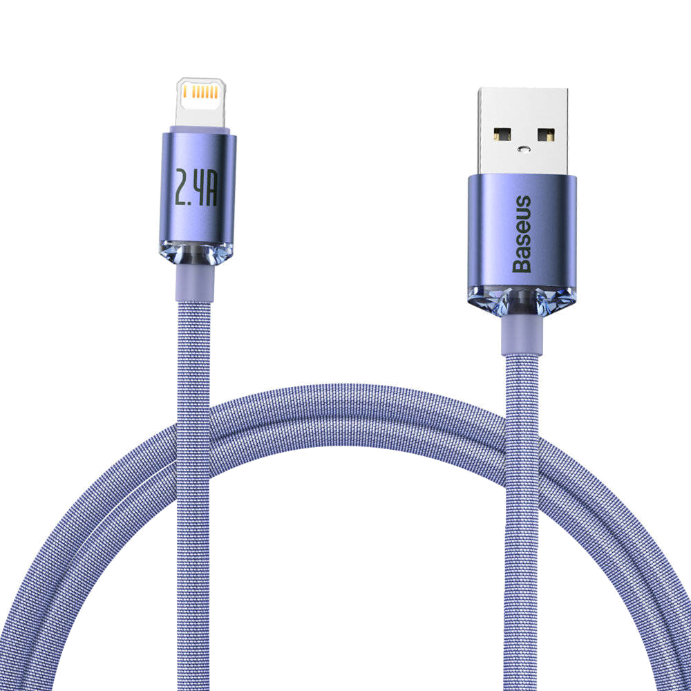 Lightning konnektörlü ve 2.4A işaretli mavi USB kablosu.