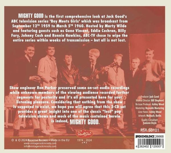 Rückseite einer CD. Zeigt Text über die Serie 'Boy Meets Girls' mit Bildern von Musikern.